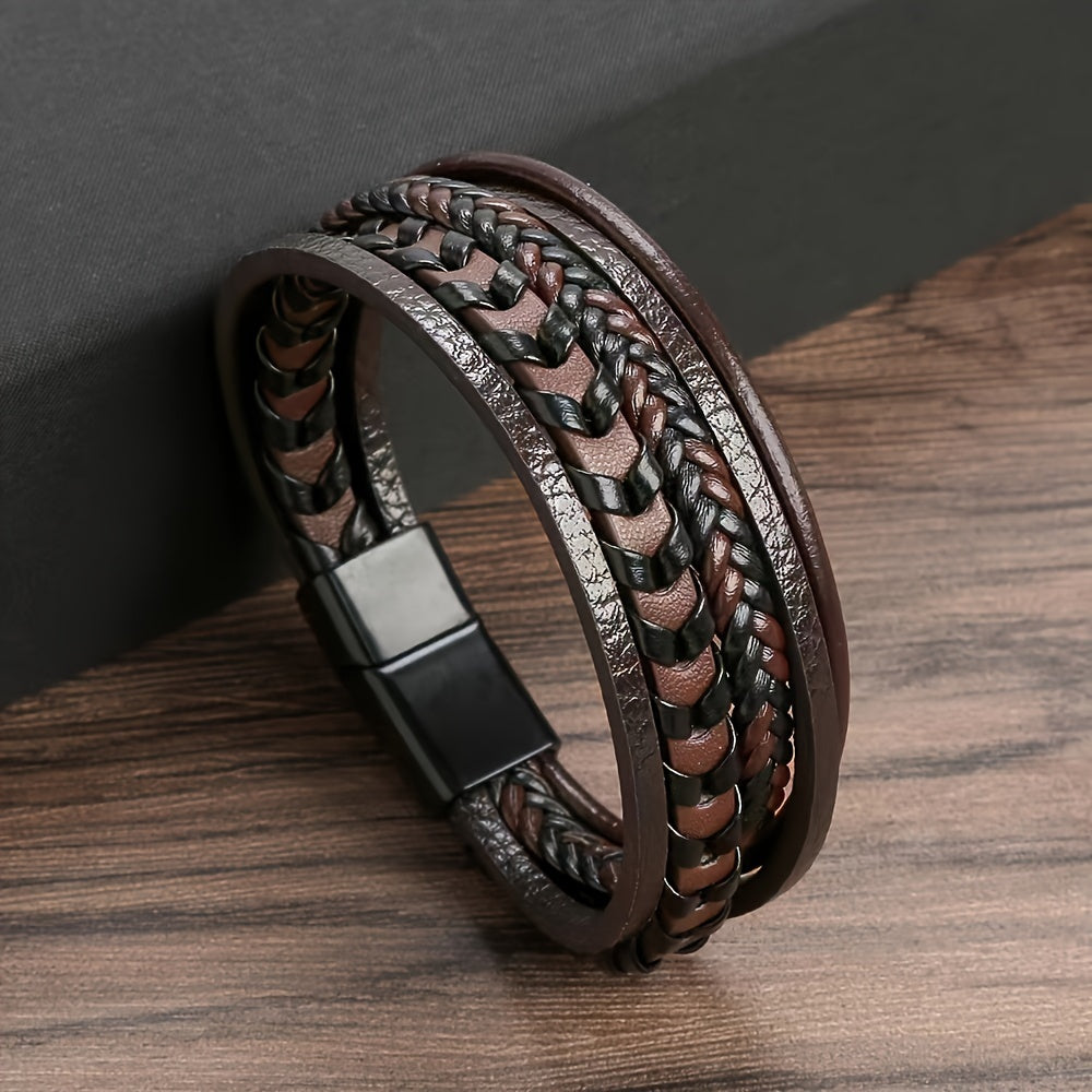 Classic Steel Double-layer Men's Leather Woven Rope Bracelet