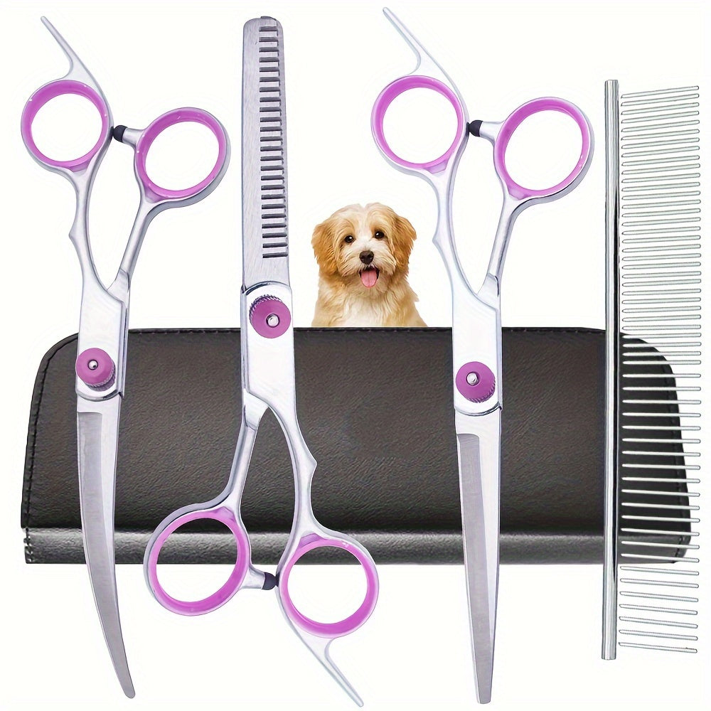 5 in 1 Professional Dog Grooming Scissors Set with Curved Shears and Comb Stainless Steel Right Handed Pet Haircut Kit for Dogs and Cats