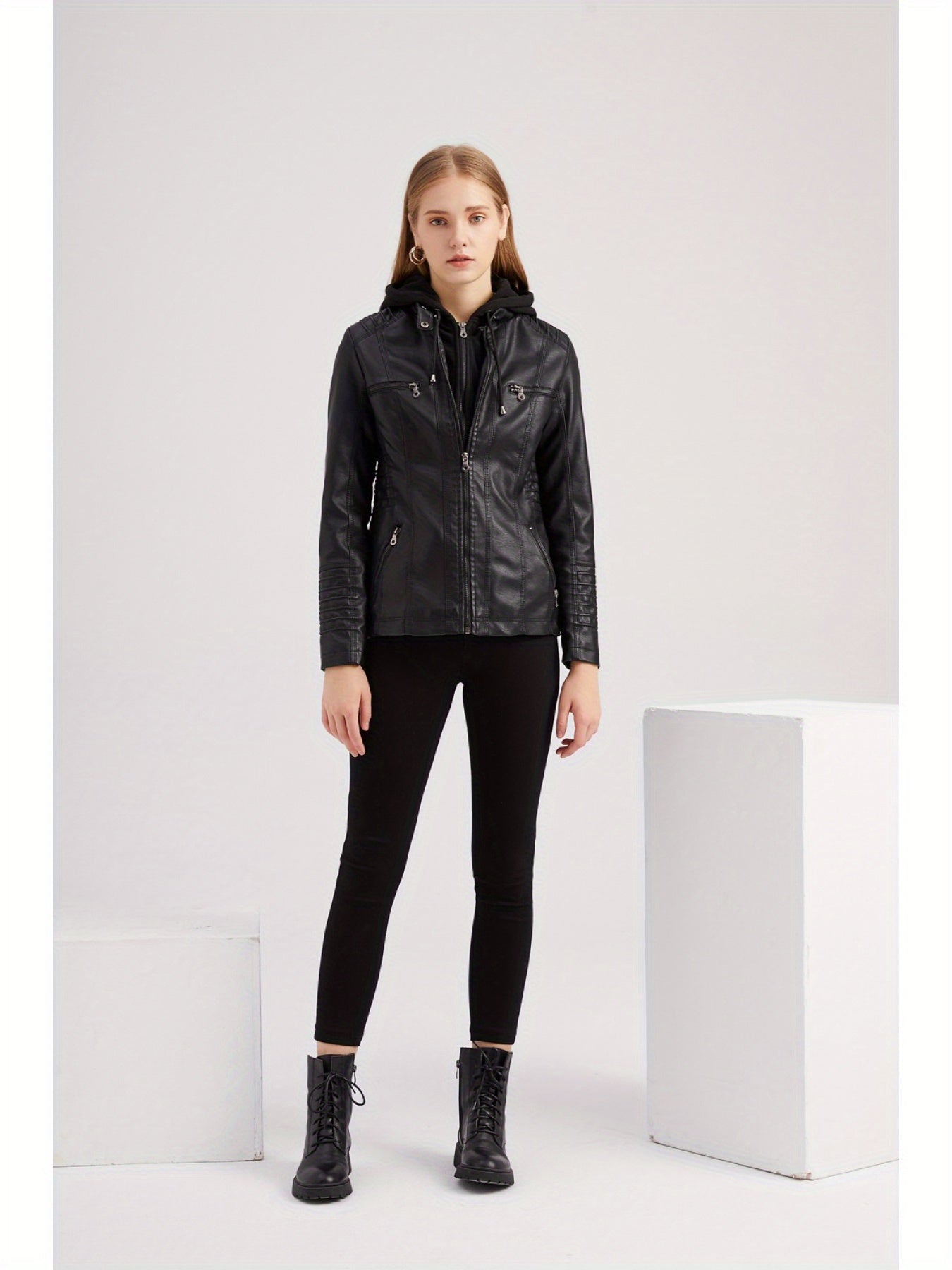 Removable Hood Motorcycle Jacket - Faux Leather Coat for Women Biker