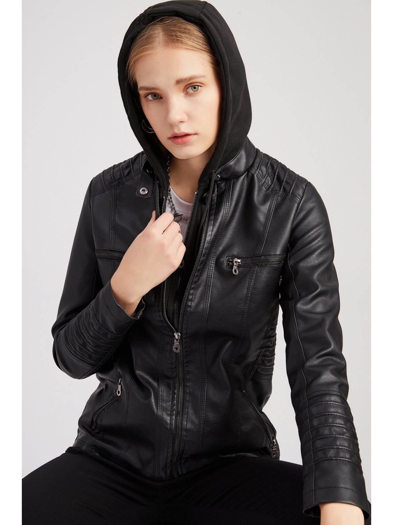 Removable Hood Motorcycle Jacket - Faux Leather Coat for Women Biker