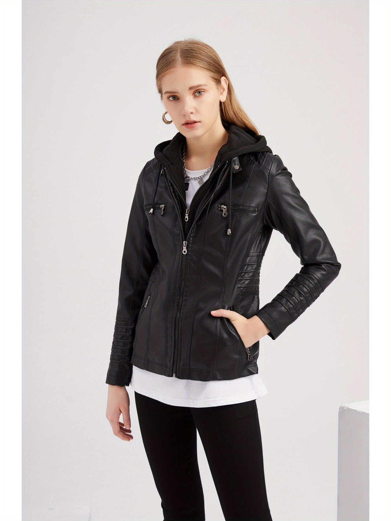Removable Hood Motorcycle Jacket - Faux Leather Coat for Women Biker