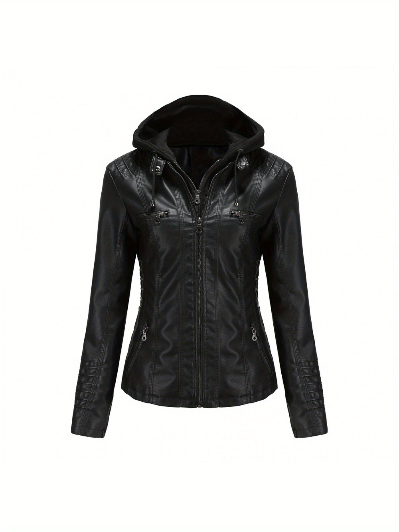 Removable Hood Motorcycle Jacket - Faux Leather Coat for Women Biker