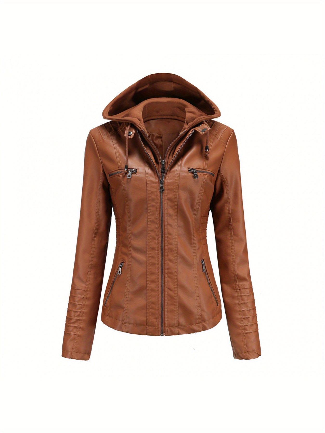 Removable Hood Motorcycle Jacket - Faux Leather Coat for Women Biker
