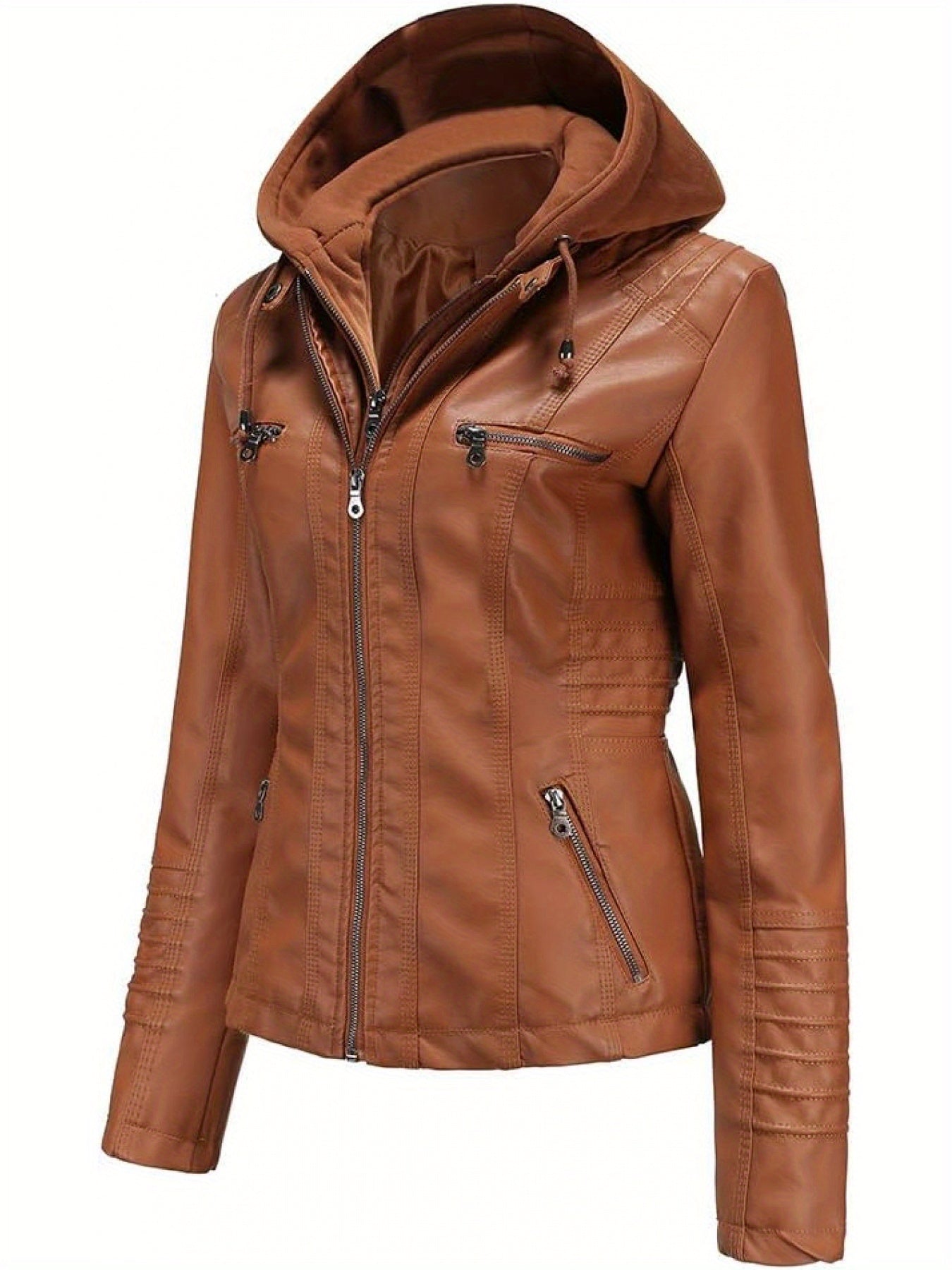 Removable Hood Motorcycle Jacket - Faux Leather Coat for Women Biker