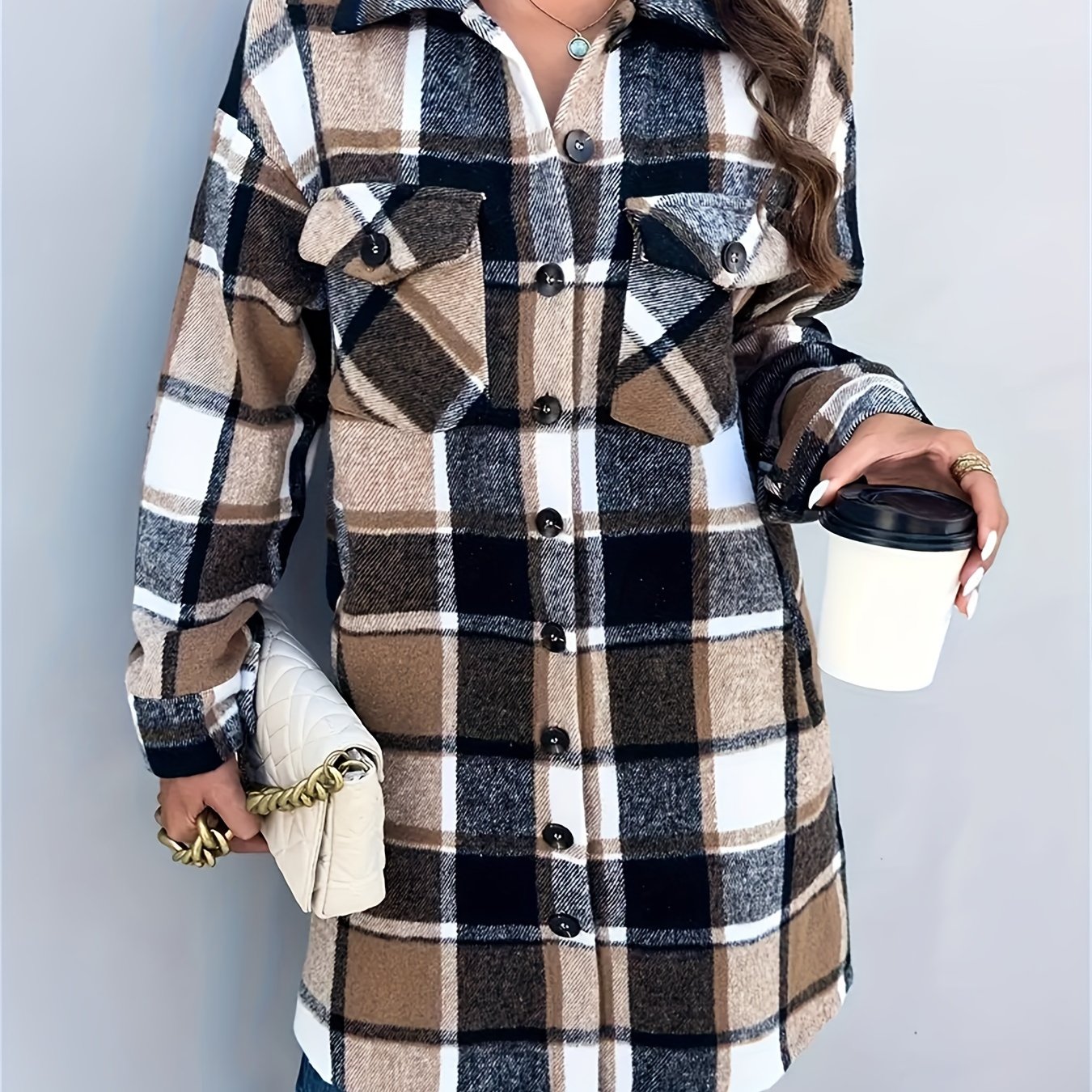 Classic Mid-Length Buffalo Plaid Shirt Jacket with Functional Pocket, Chic Turndown Collar, and Contrasting Buttons