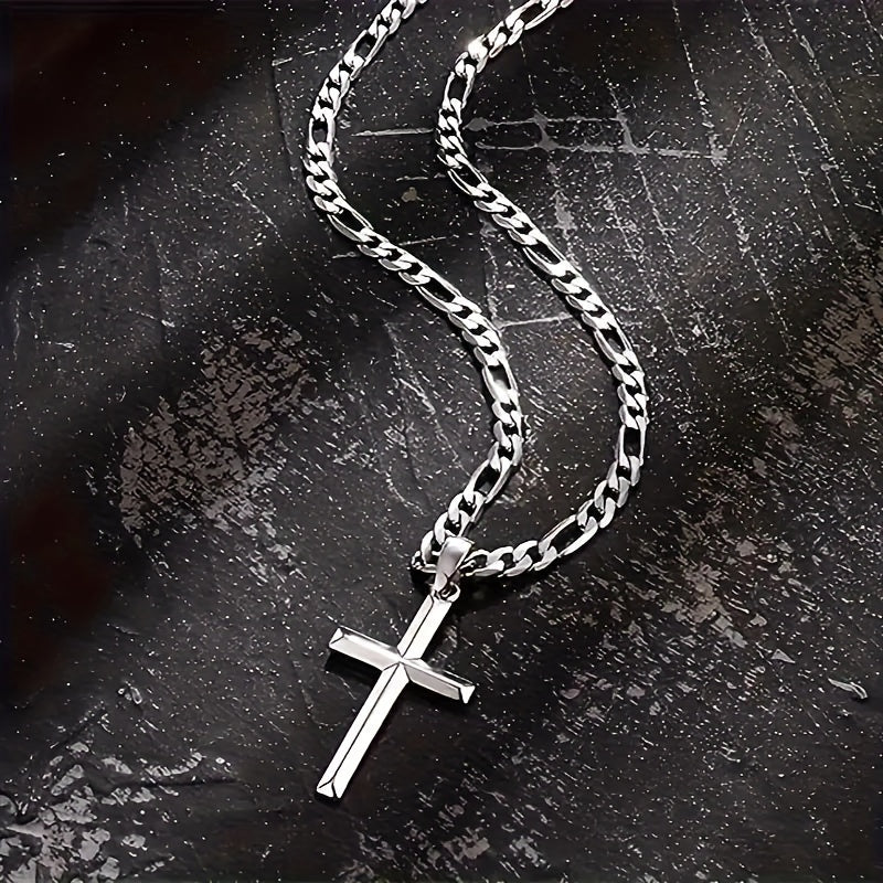 925 Sterling Silver Cross Necklace - Figaro Chain, Suitable for Men & Women, Ideal for Anniversaries, Birthdays, Holidays - Includes Gift Box