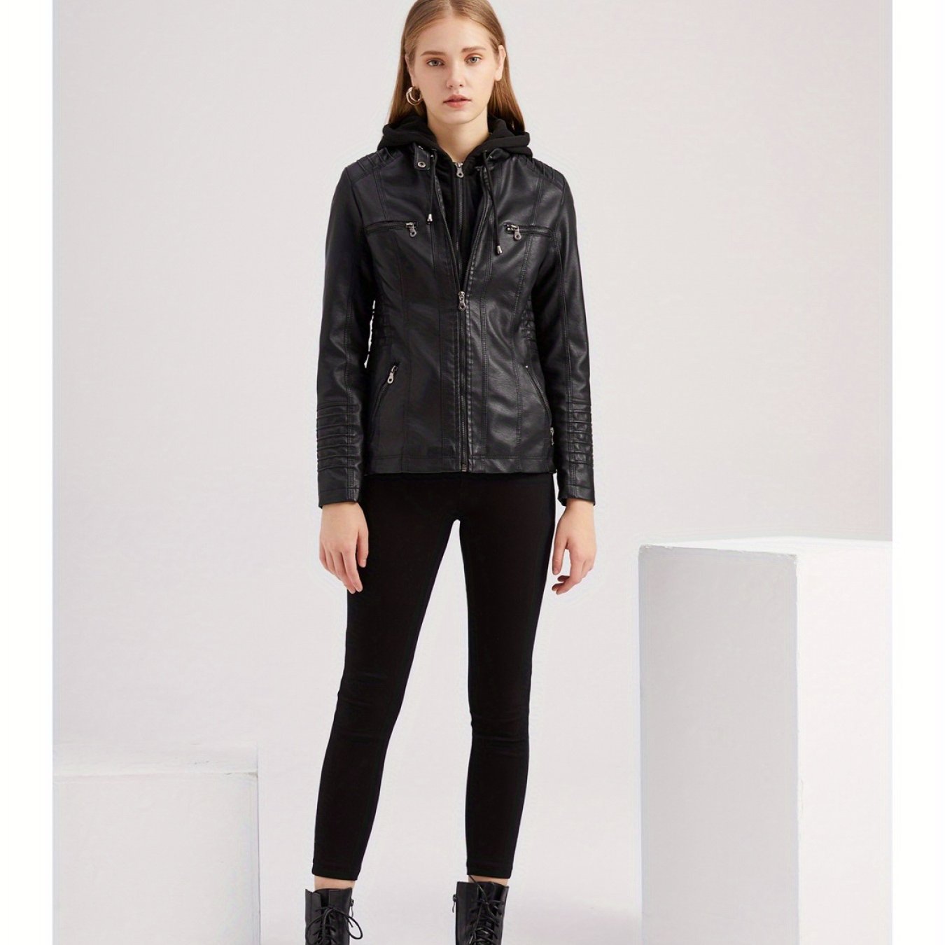Removable Hood Motorcycle Jacket - Faux Leather Coat for Women Biker