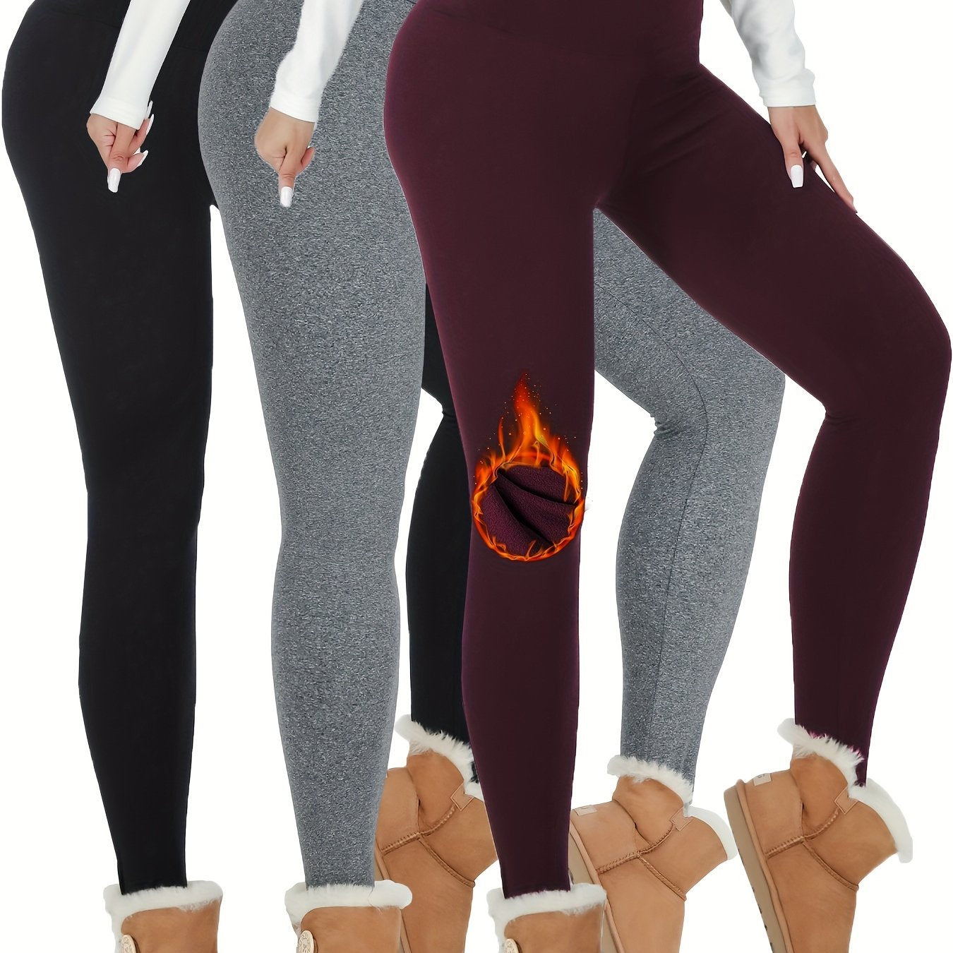 3 Pack Super Soft Plus Lined Leggings, Solid Color Thermal Warm Pants for Women, Workout Yoga Running, Fall and Winter