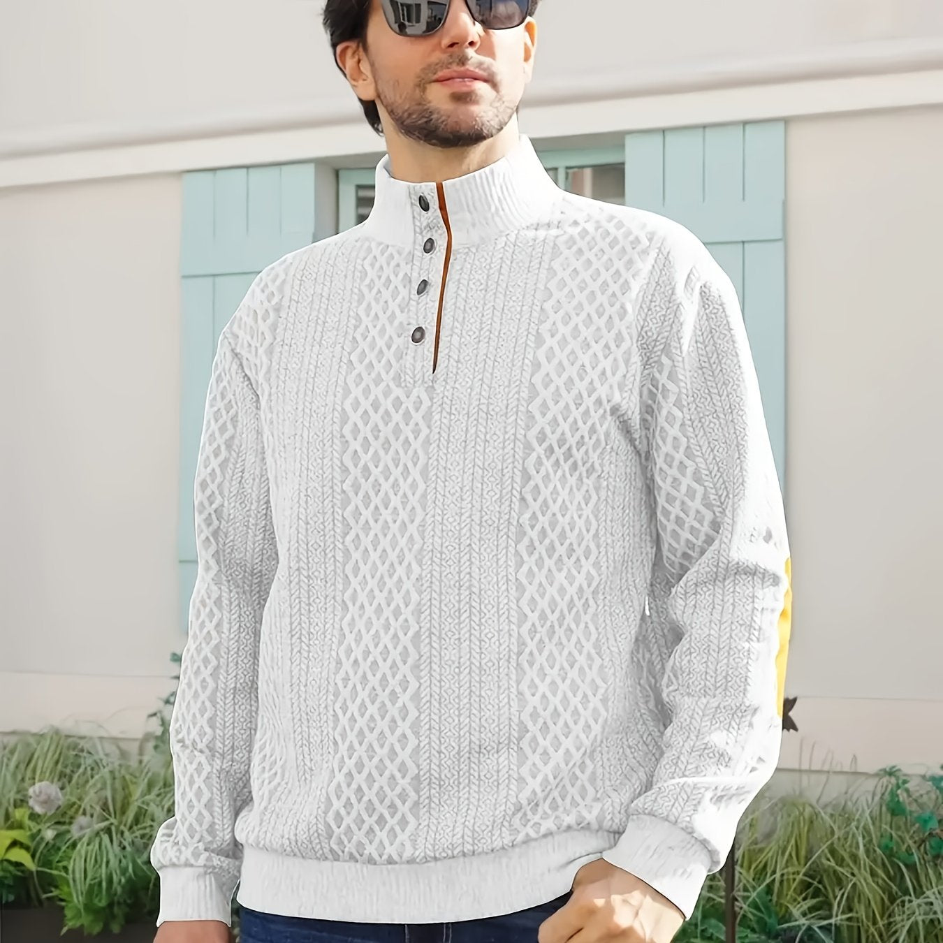 Men's Casual Sporty Diamond - Patterned Knit Jacquard Hoodie with Button Details - Stand - Up Collar, Long Sleeves, Stretch Fabric, Grey with Orange Accents