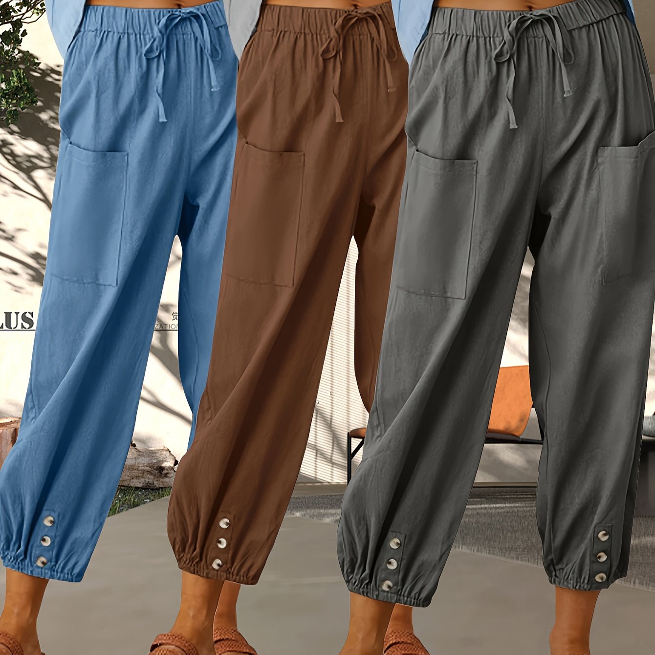 3-Pack Of Loose-Fitting High-Waisted Buttoned Linen Cropped Wide-Leg Unisex Pants With Pockets For Easy Outings