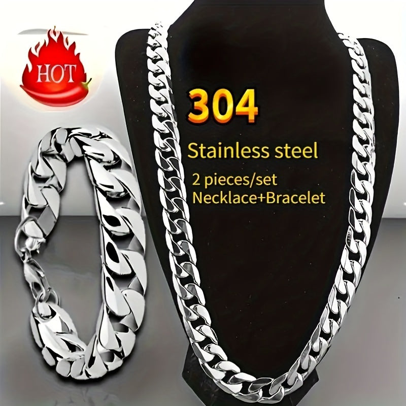 2pcs Stainless Steel Jewelry Set - Sleek Rock Chain Necklace