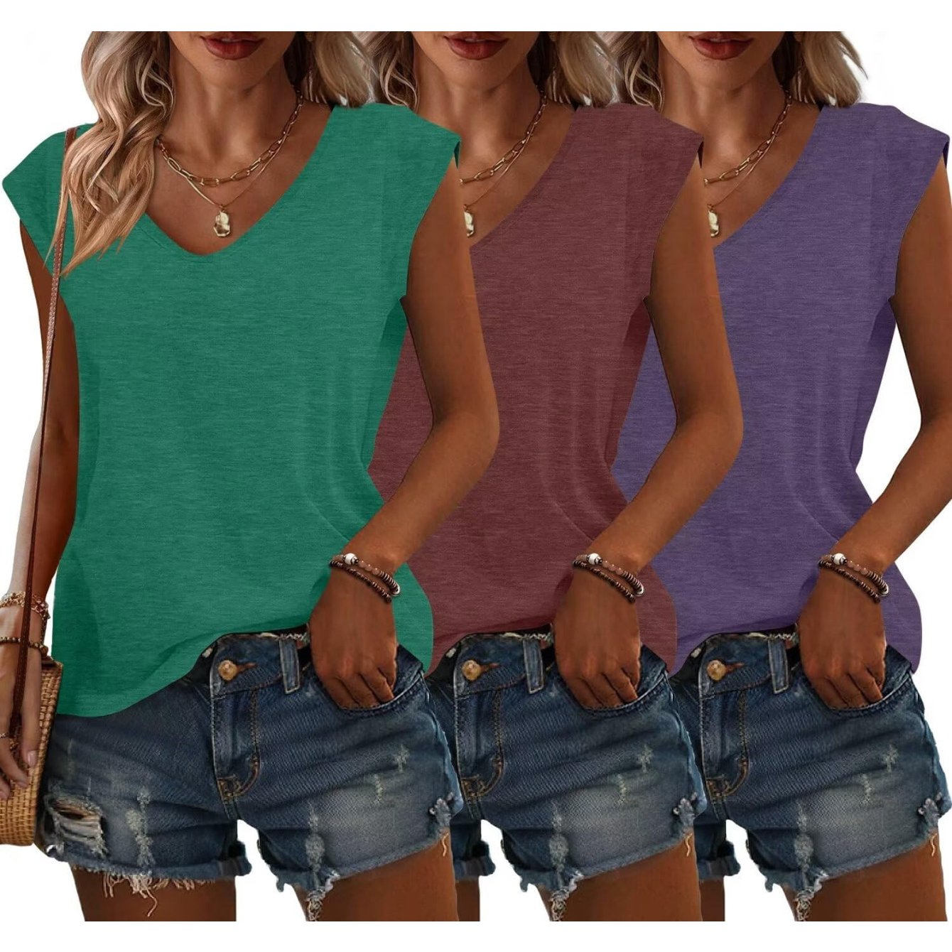 3 Pack Cap Sleeve U Neck Tank Tops for Women Casual Loose Fit Basic Tee Shirts Spring Summer 2024 Fashion