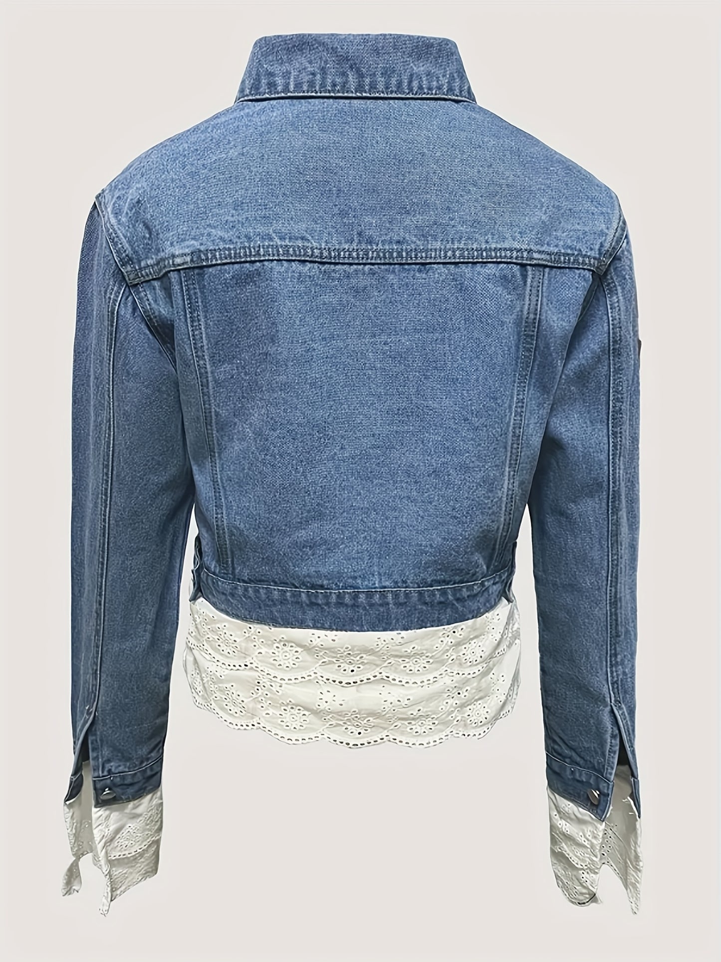 Women's Stylish Lace-Trimmed Cropped Denim Jacket - Casual Long Sleeve Jean Coat with Flap Pockets, Button-Up Front, Perfect for Spring & Fall