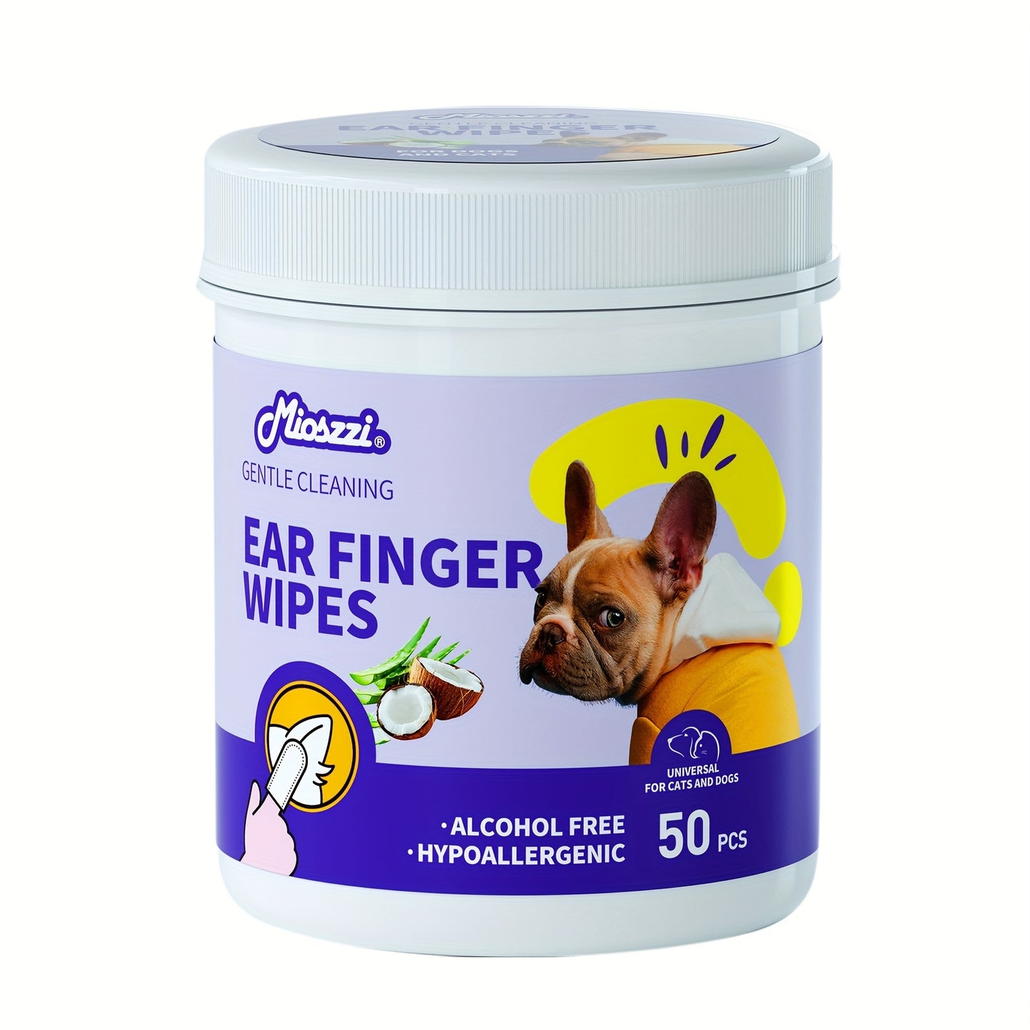 50 Pieces Mioszzi Pet Ear Cleaning Wipes for Dogs and Cats Gentle 4 in 1 Formula with Aloe Vera and Tea Tree Oil Hypoallergenic Alcohol Free Aseptic Super Soft Earwax Removal