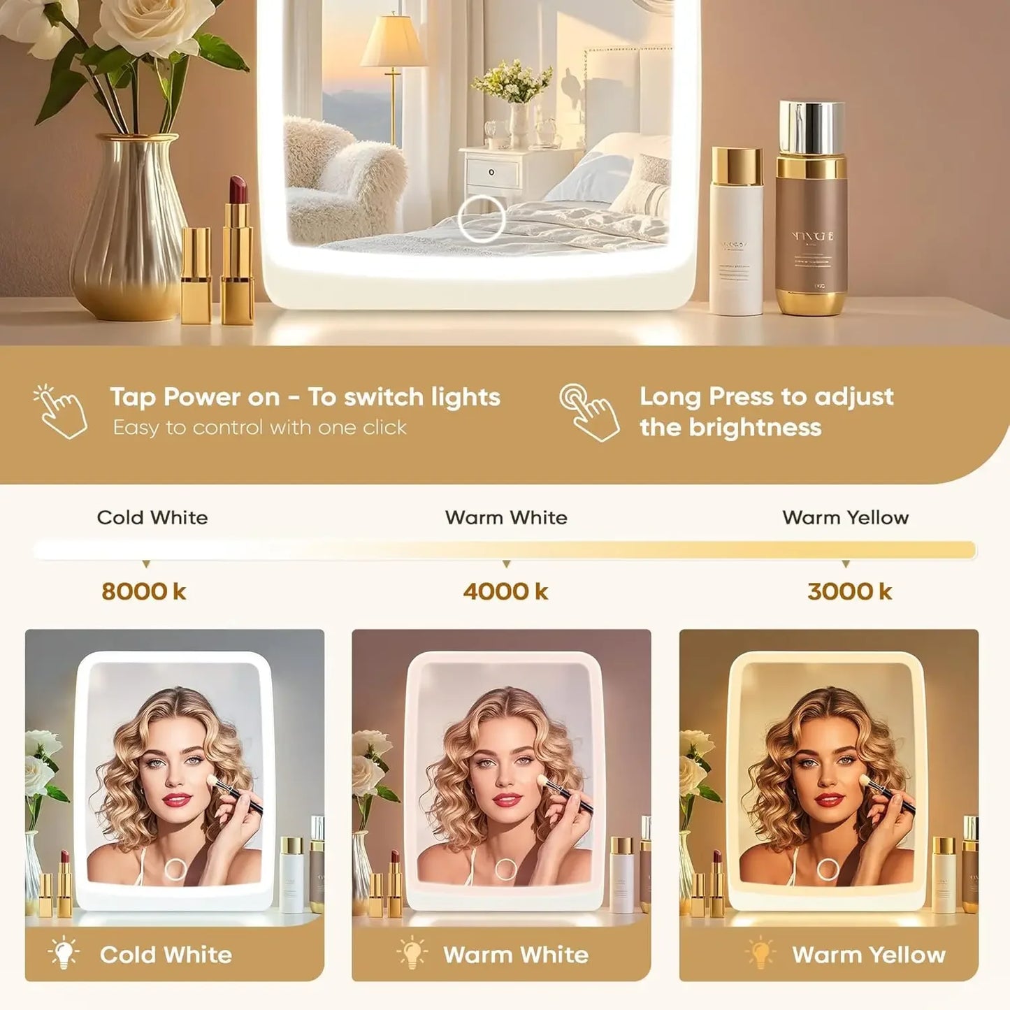 Feature LED Makeup Mirror With 3 Color Lighting Dimmable