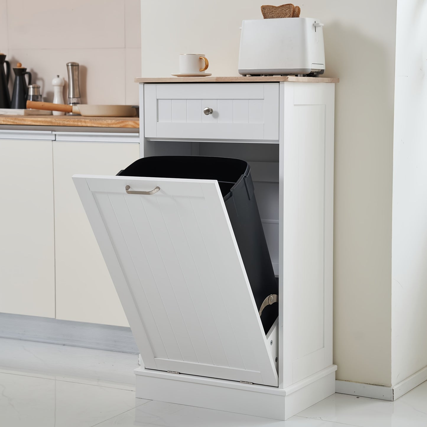 13 Gallon White Wooden Cabinet with Tilt-Out Design