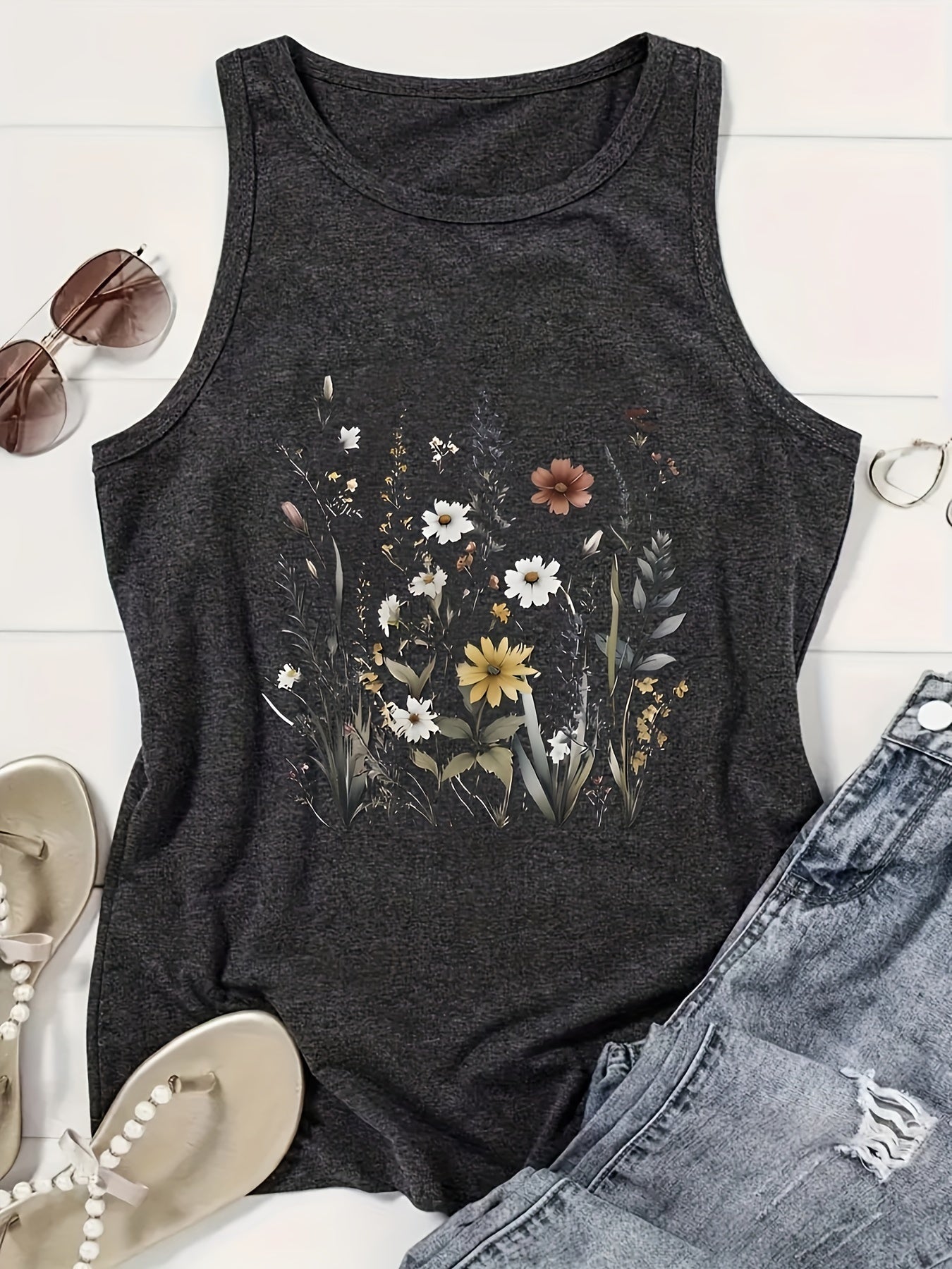 Print Tank Top, Casual Crew Neck Sleeveless Summer Top