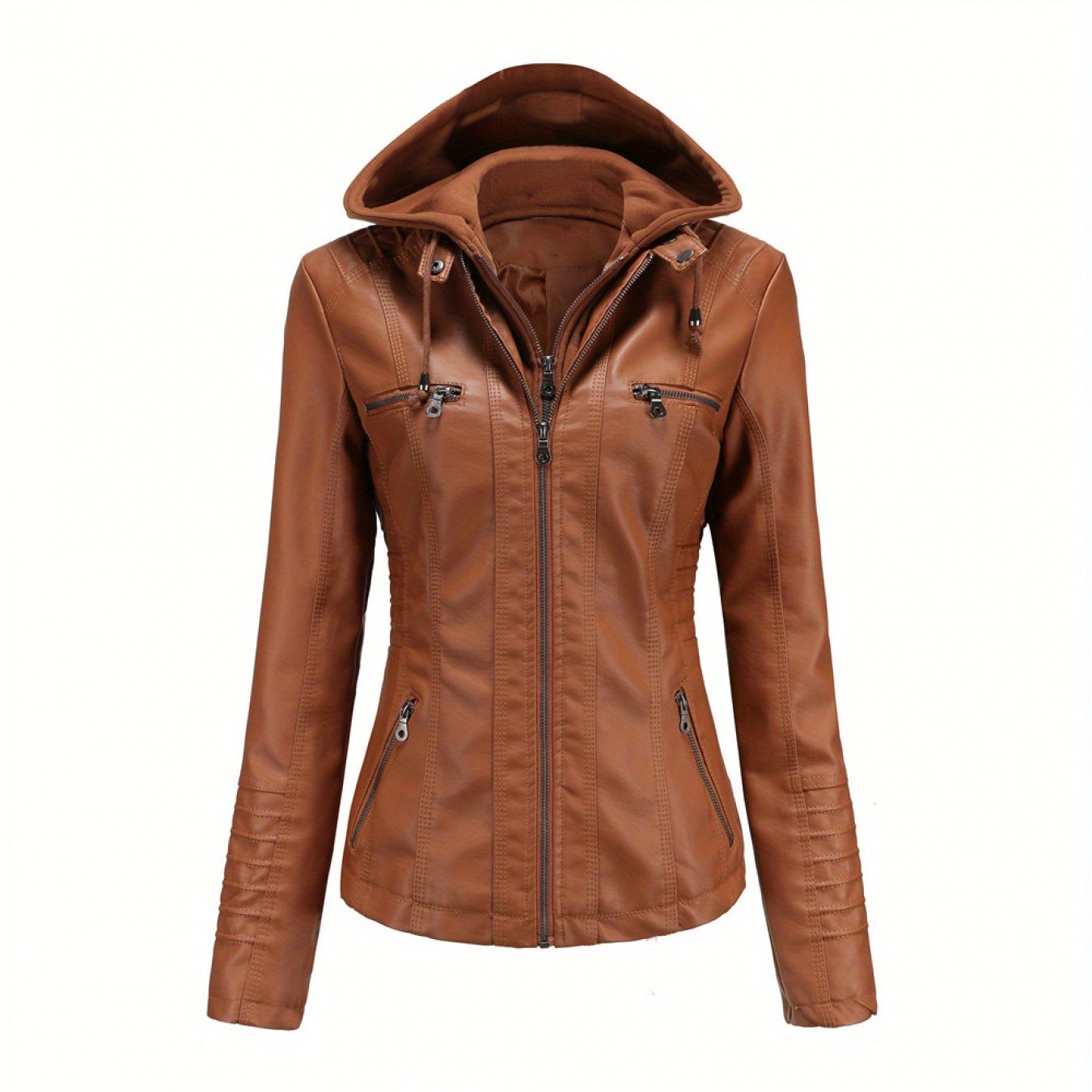 Removable Hood Motorcycle Jacket - Faux Leather Coat for Women Biker