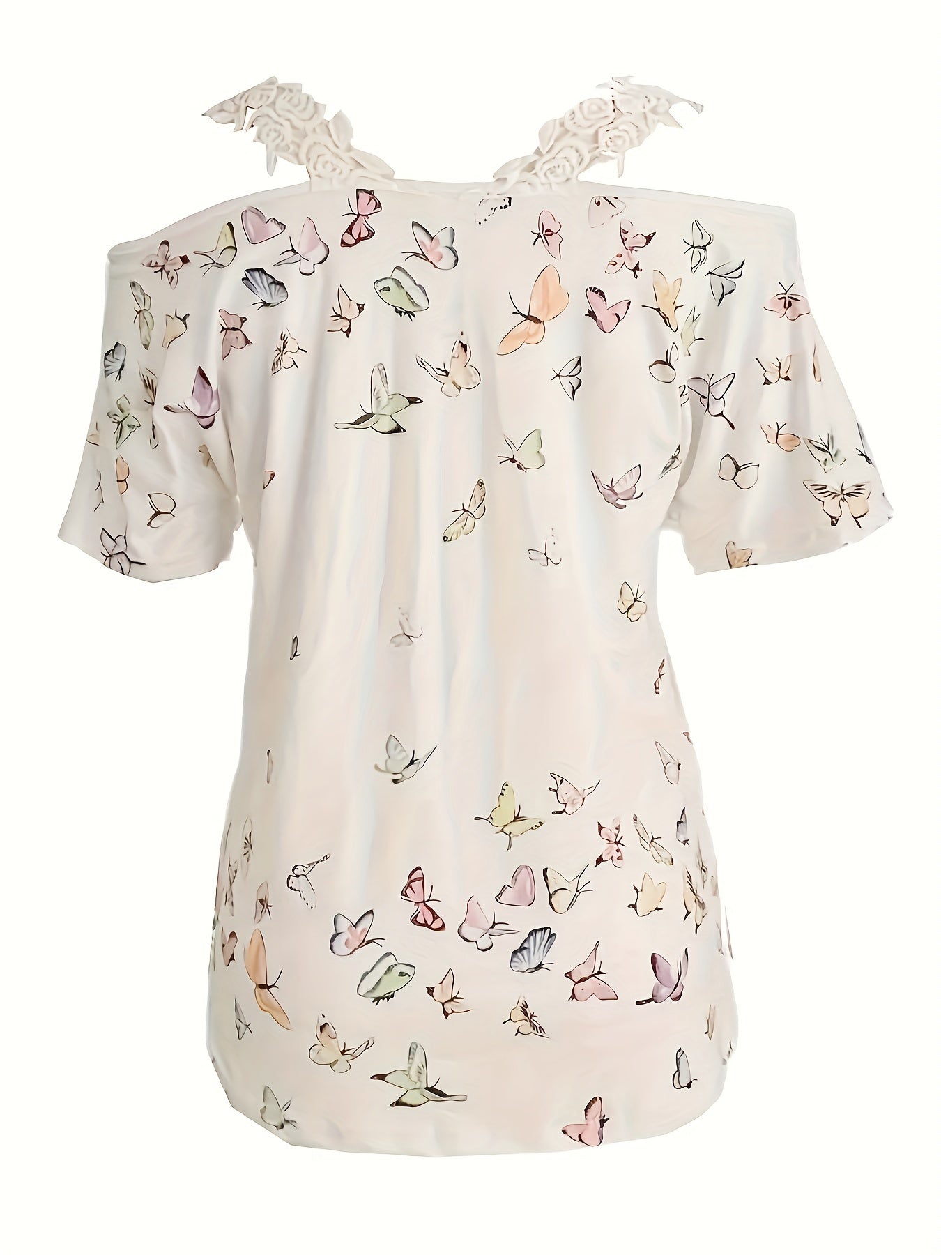 New Butterfly Print Top V-neck Lace Off-shoulder T-shirt