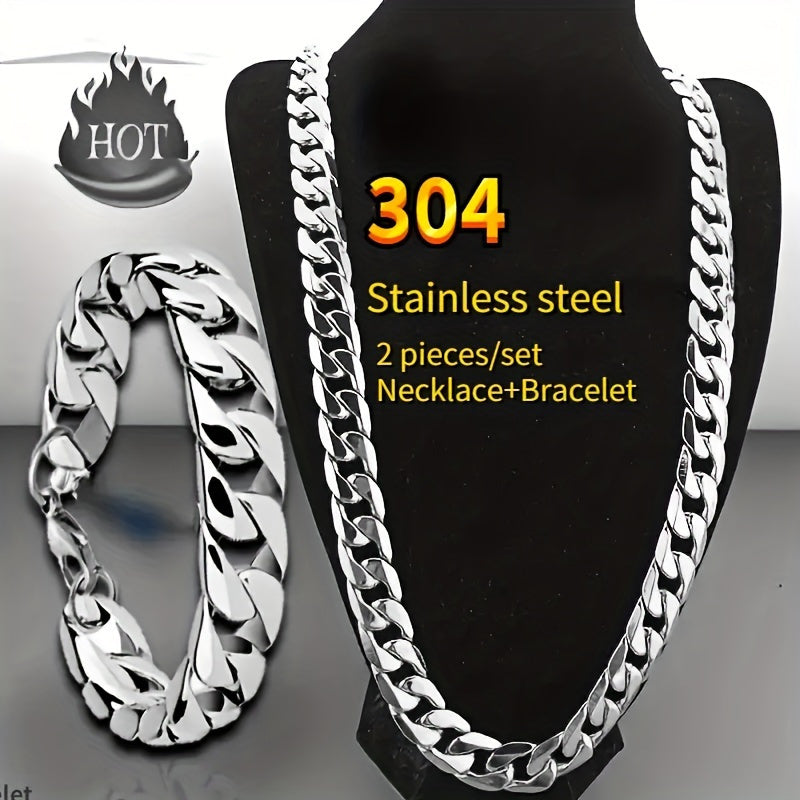 2pcs Stainless Steel Jewelry Set - Sleek Rock Chain Necklace