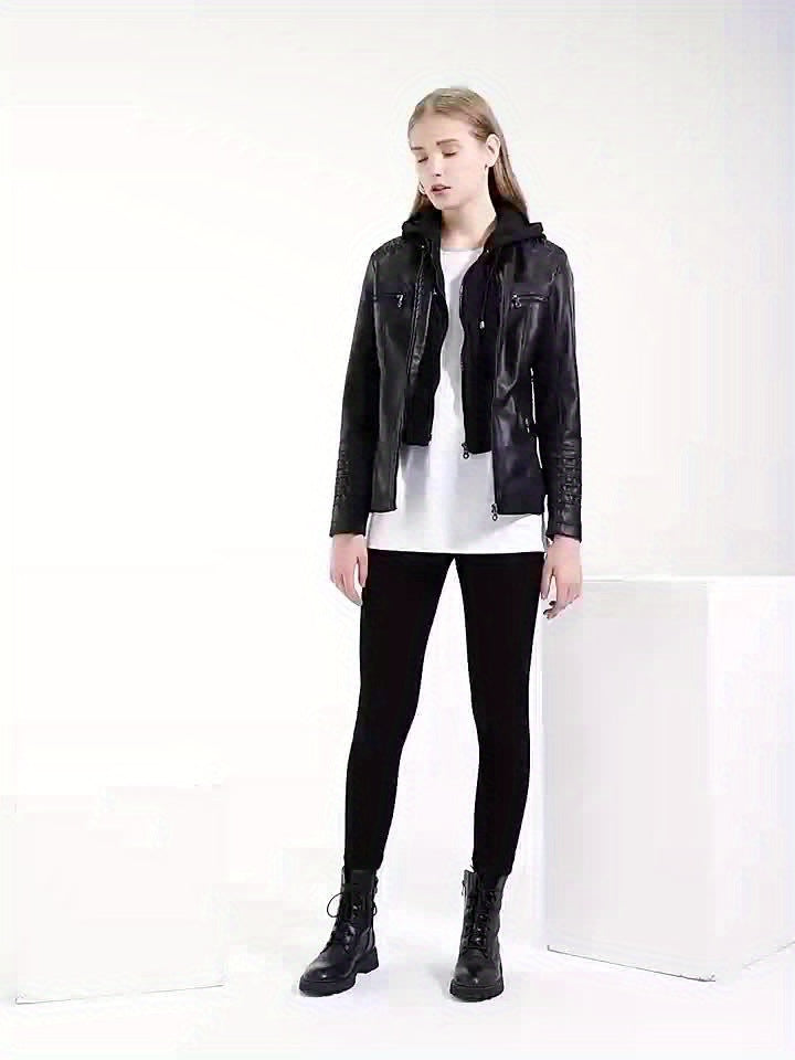 Removable Hood Motorcycle Jacket - Faux Leather Coat for Women Biker