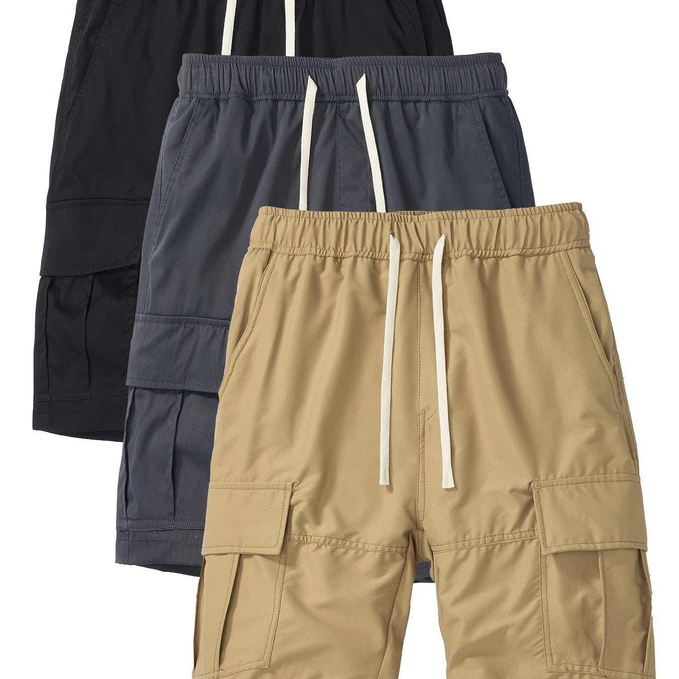 3 Piece Men's Outdoor Cargo Shorts with Adjustable Drawstring Waist and Multiple Pockets Loose Fit Casual Shorts for Hiking Running Spring Summer Fall Black Dark Gray Tan