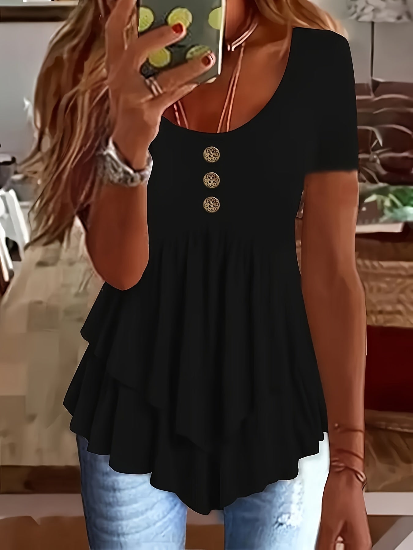 Women's Casual Short Sleeve Crew Neck T-Shirt Solid Color Button Front Flare Top Summer Blouse with Ruffles