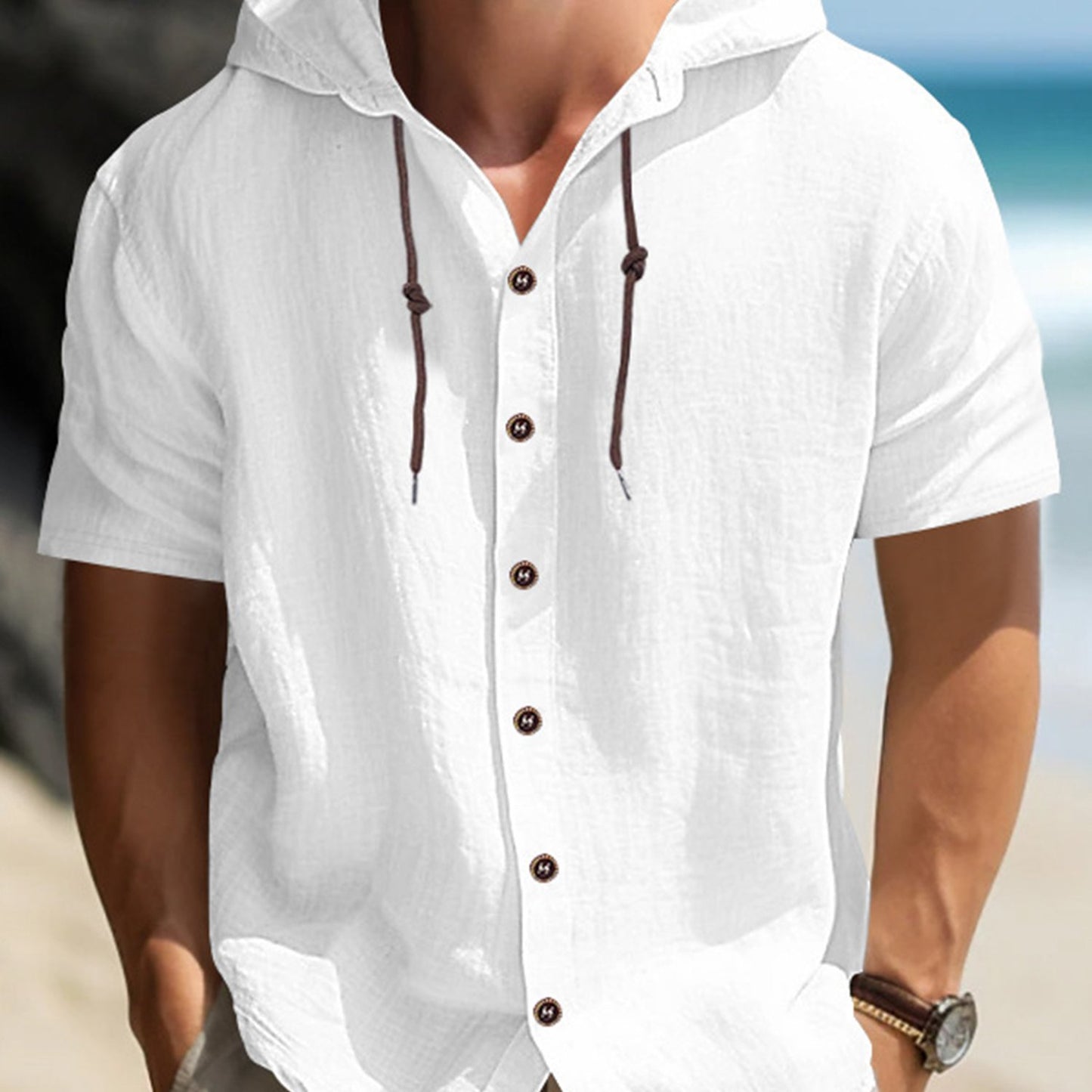 Men Summer Hooded Shirt Casual Solid Color Button Tops