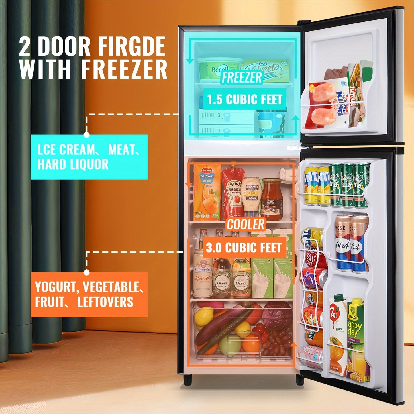 WANAI Small Refrigerator With Freezer 3.2 Cu. Ft Large Capacity