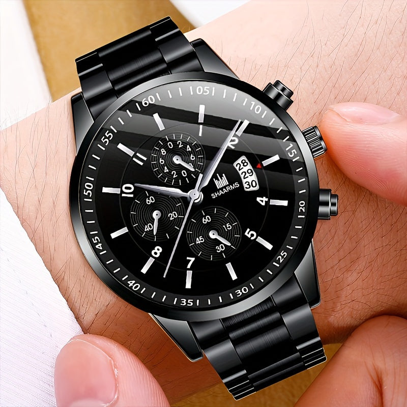 3pc Men's Luxury Round Dial Steel Strip Quartz Watch - Personalized