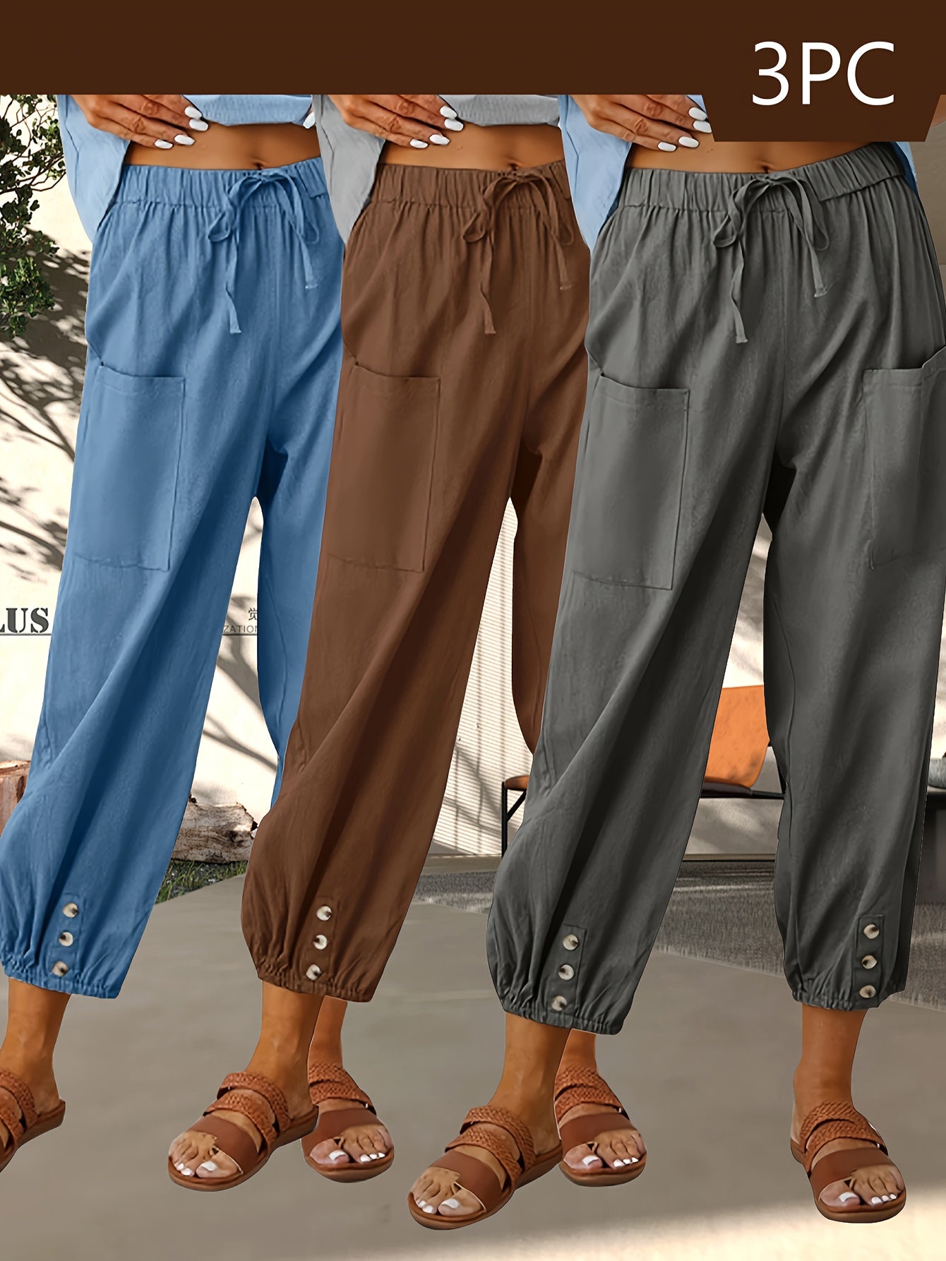 3-Pack Of Loose-Fitting High-Waisted Buttoned Linen Cropped Wide-Leg Unisex Pants With Pockets For Easy Outings