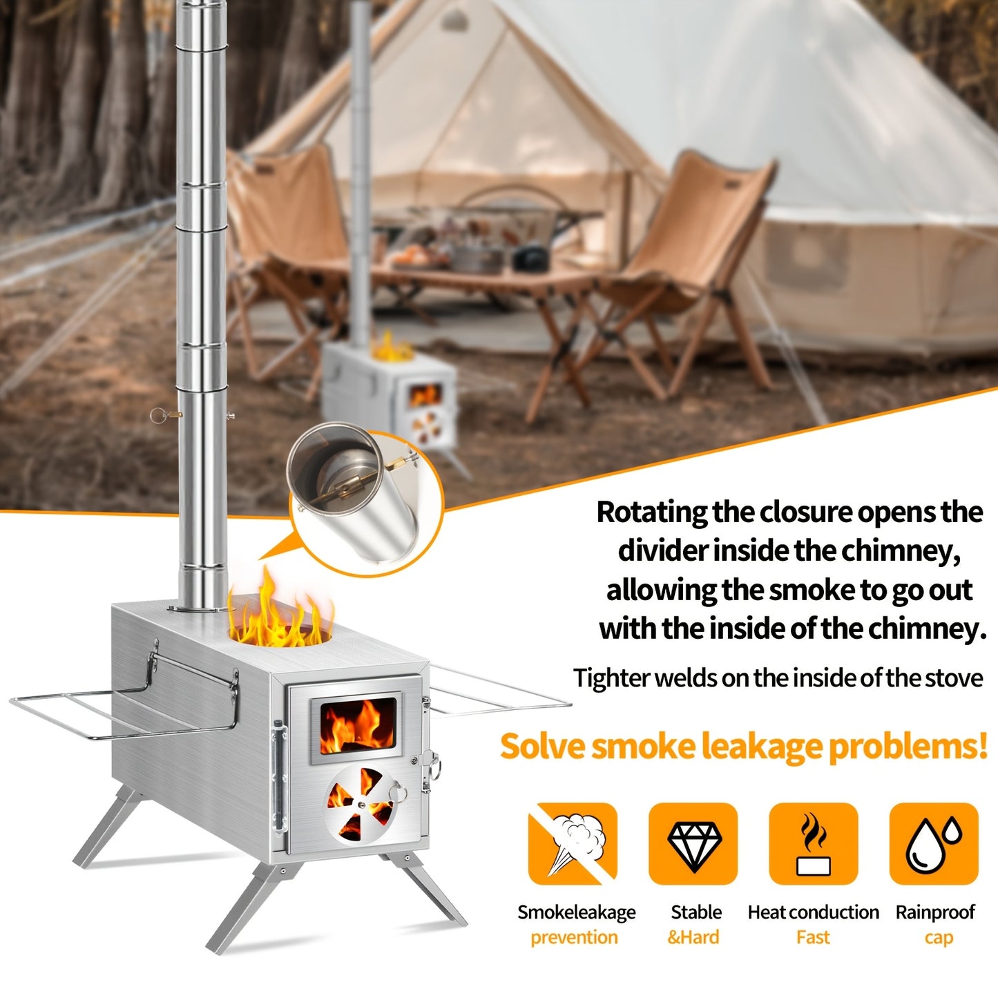 Stainless Steel Camping Tent Stove with Chimney Pipe And Gloves