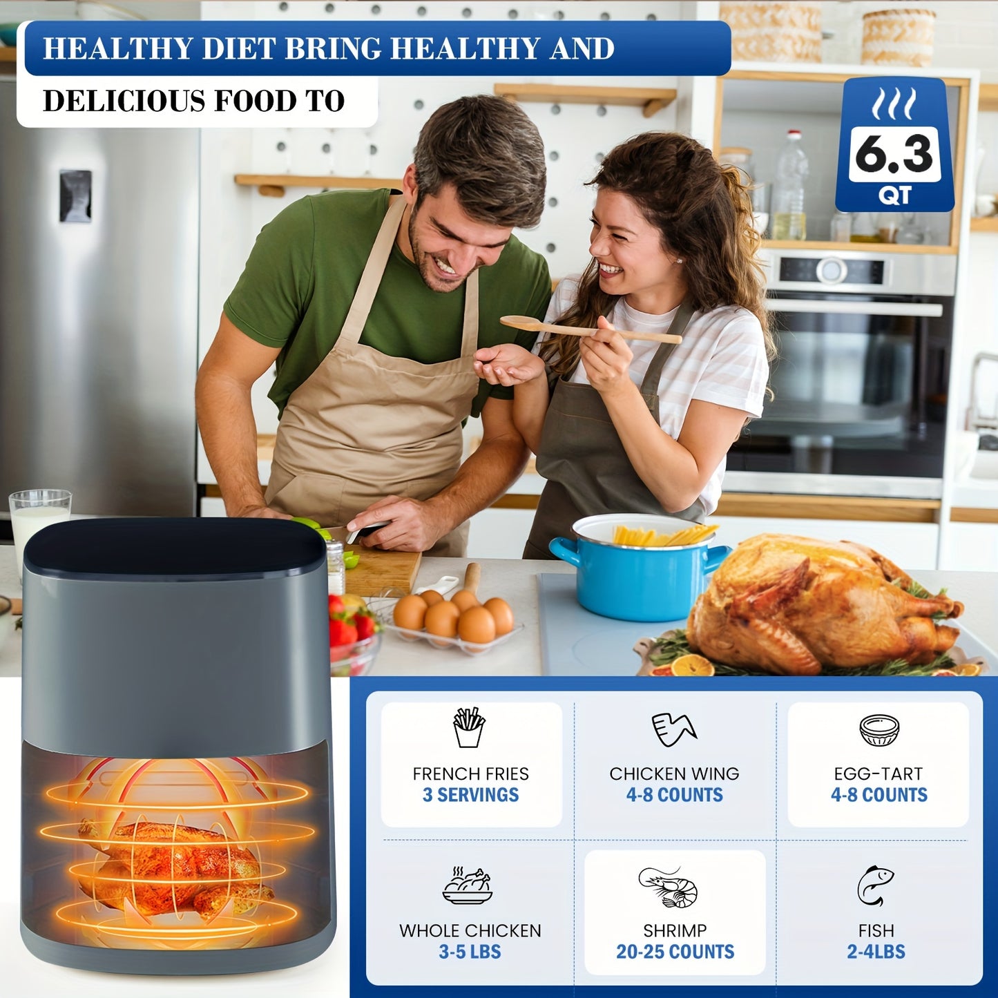 Air Fryer Oven 6 Qt, 12-in-1 Digital Display Compact Cooker With Easy View Windows, Space-saving, Nonstick And Dishwasher Safe Basket With Temperature And Time Control