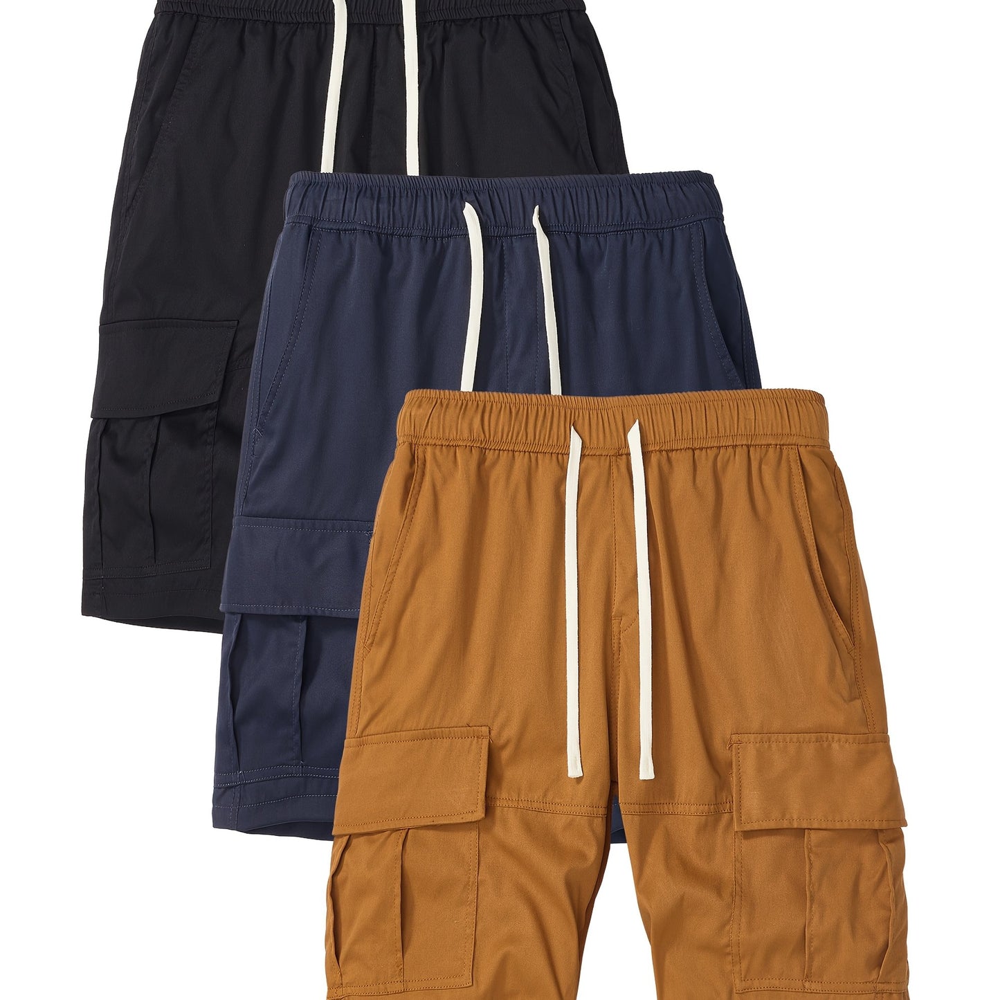 3 Piece Men's Outdoor Cargo Shorts with Adjustable Drawstring Waist and Multiple Pockets Loose Fit Casual Shorts for Hiking Running Spring Summer Fall Black Dark Gray Tan
