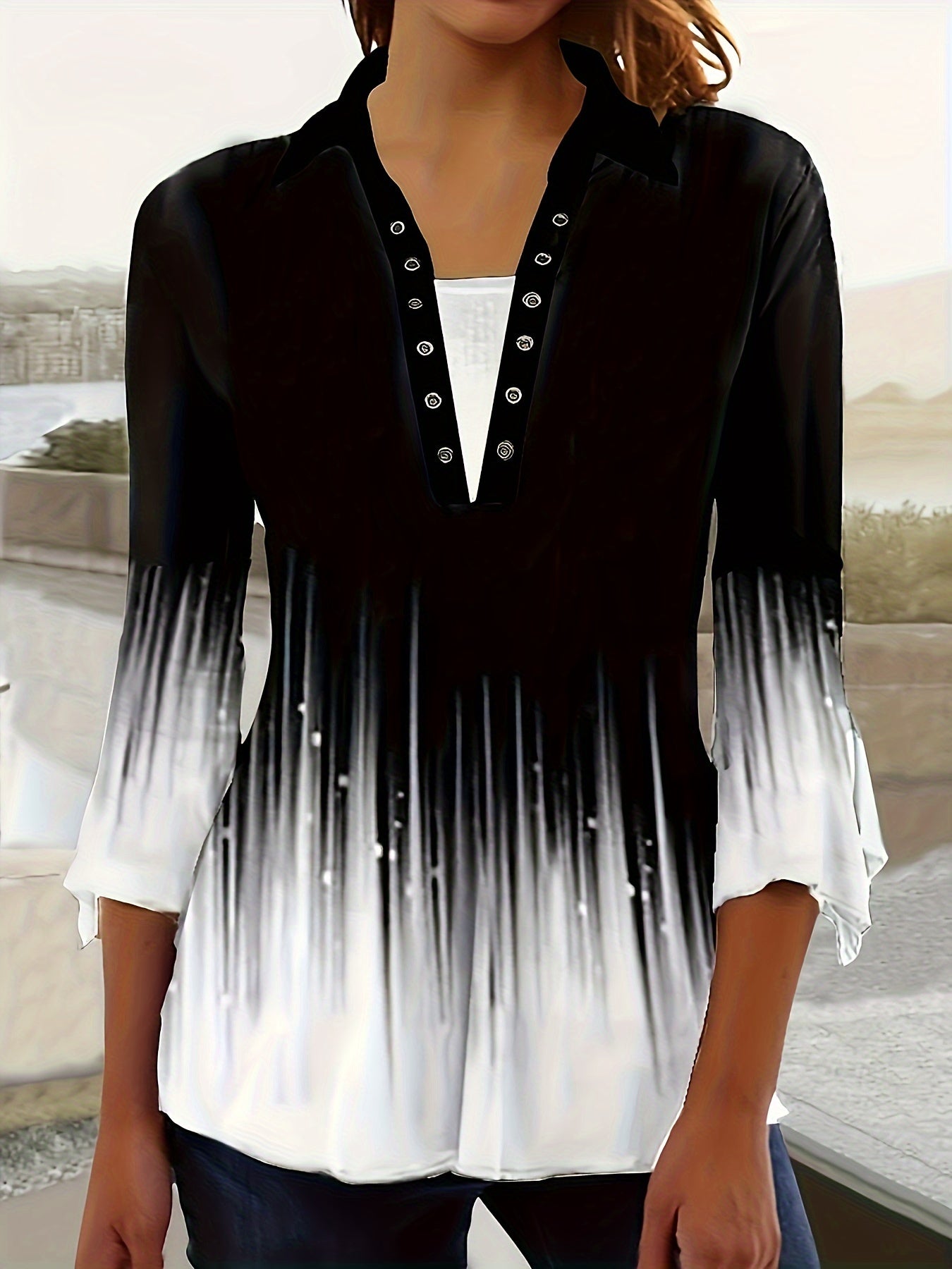 Three Quarter Sleeve Irregular Sleeve Button Top Printed Lapel T-Shirt Spring And Autumn New