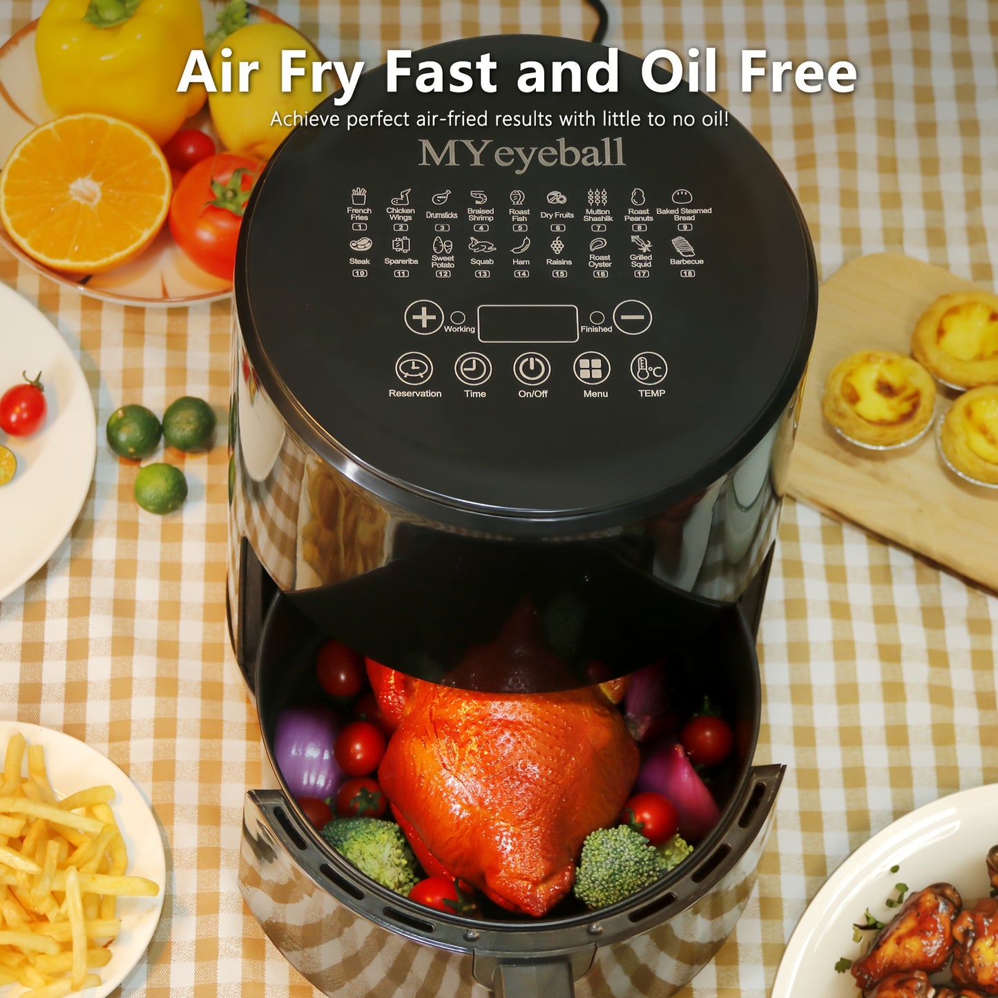 Air Fryer 6.5QT, Smart Home Visual Touch Screen Electric Fryer Oil-free Multifunctional Potato Chip Oven Crispy Skin, Baking, Reheating, Baking Fast and Easy To Eat White&black
