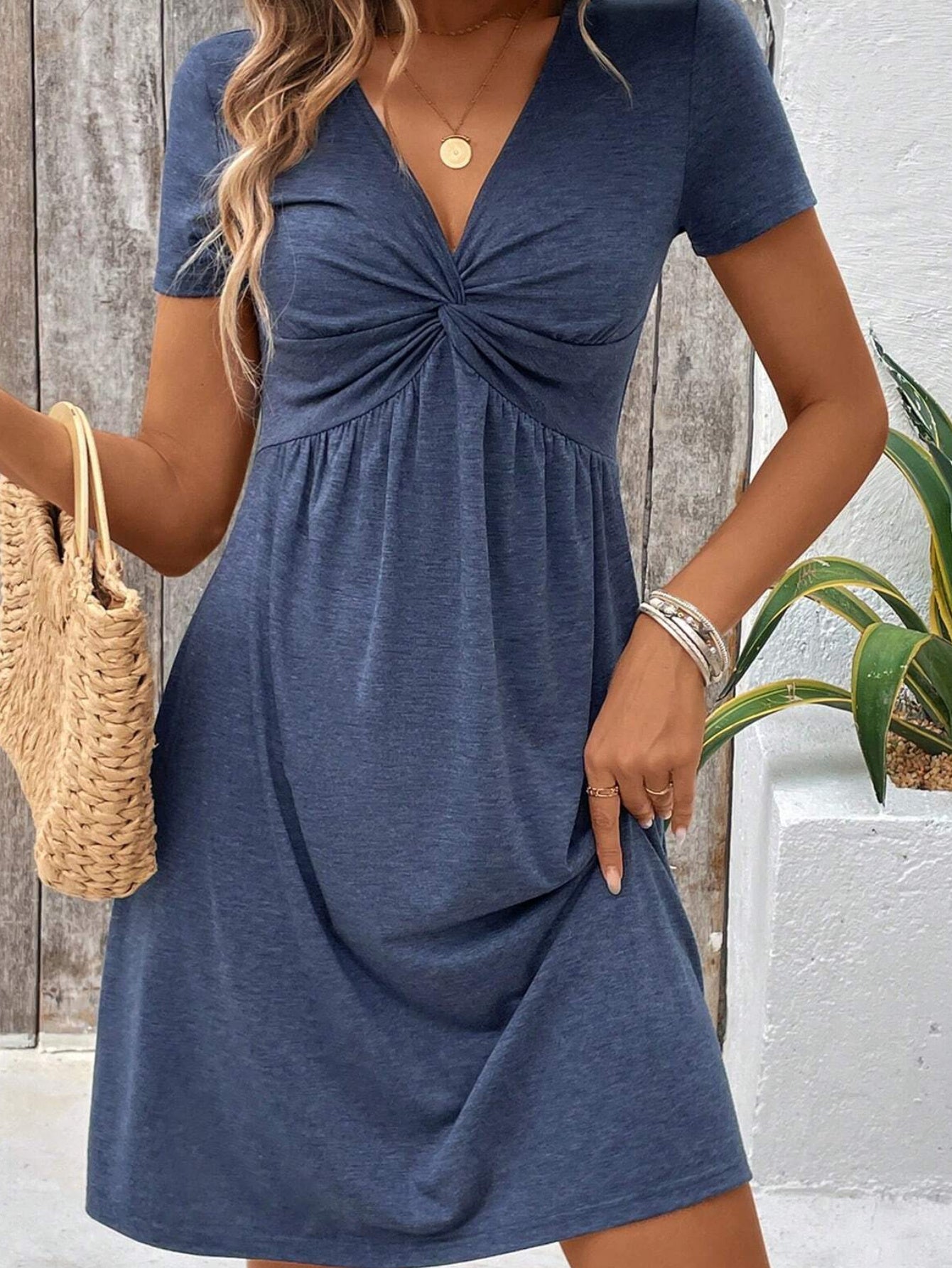 V-neck A-line Dress Spring Summer Elegant Short Sleeve Twisted