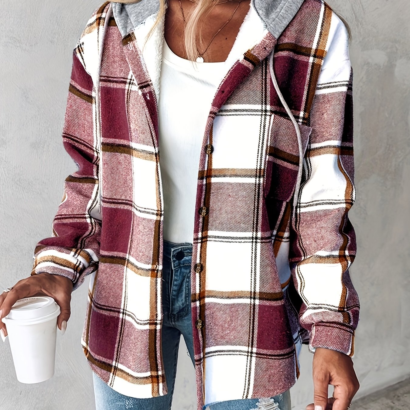 Chicme Women's Hooded Fleece-Lined Plaid Shacket Jacket