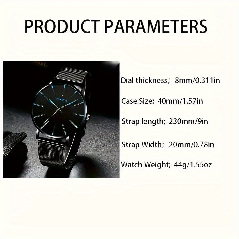 Modern 8mm Stainless Steel Men's Quartz Watch with Mesh Band