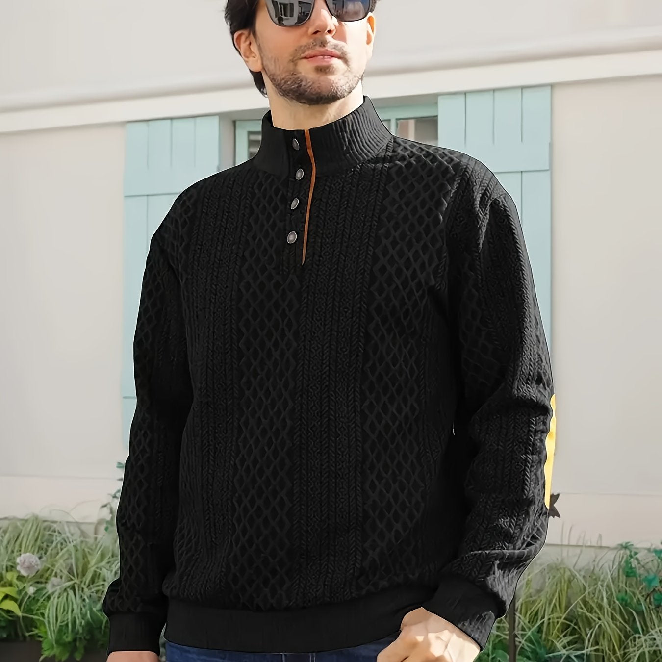 Men's Casual Sporty Diamond - Patterned Knit Jacquard Hoodie with Button Details - Stand - Up Collar, Long Sleeves, Stretch Fabric, Grey with Orange Accents