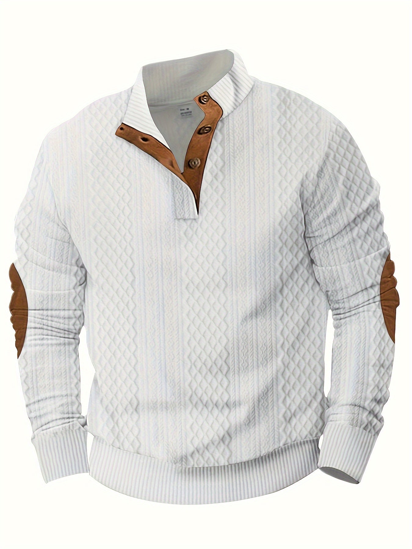 Men's Casual Sporty Diamond - Patterned Knit Jacquard Hoodie with Button Details - Stand - Up Collar, Long Sleeves, Stretch Fabric, Grey with Orange Accents