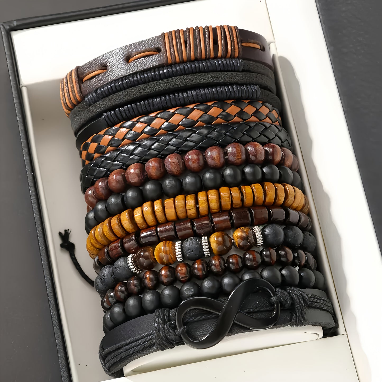 12pcs Bohemian Men's Bracelet Set - Woven Faux Leather Beads