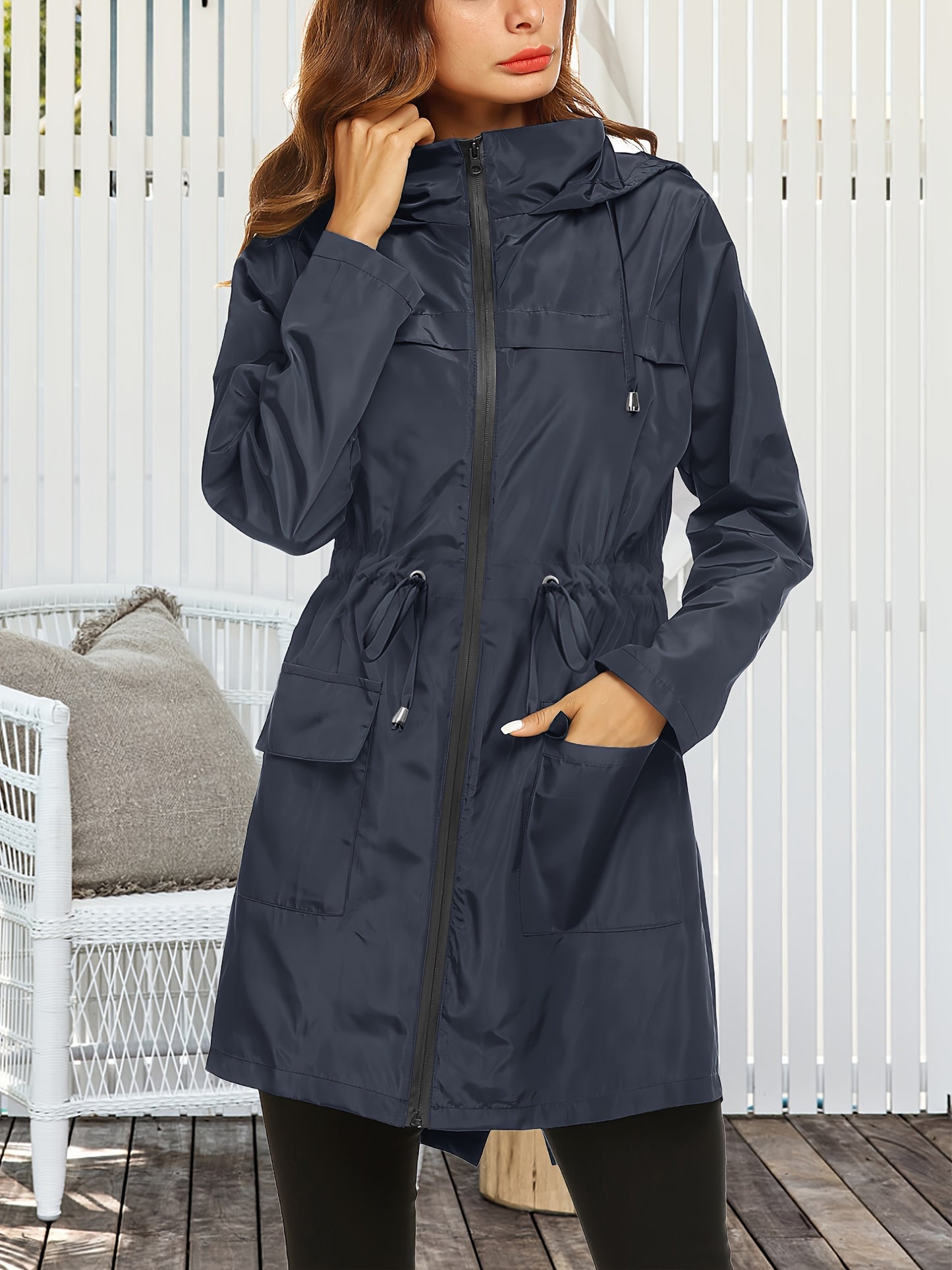 Women's High Quality Lightweight Hooded Raincoat Jacket Navy Blue Full Length Outdoor Sports Coat with Zippered Pockets Adjustable Drawstrings and Elastic Cuffs Machine Washable All Season Wear