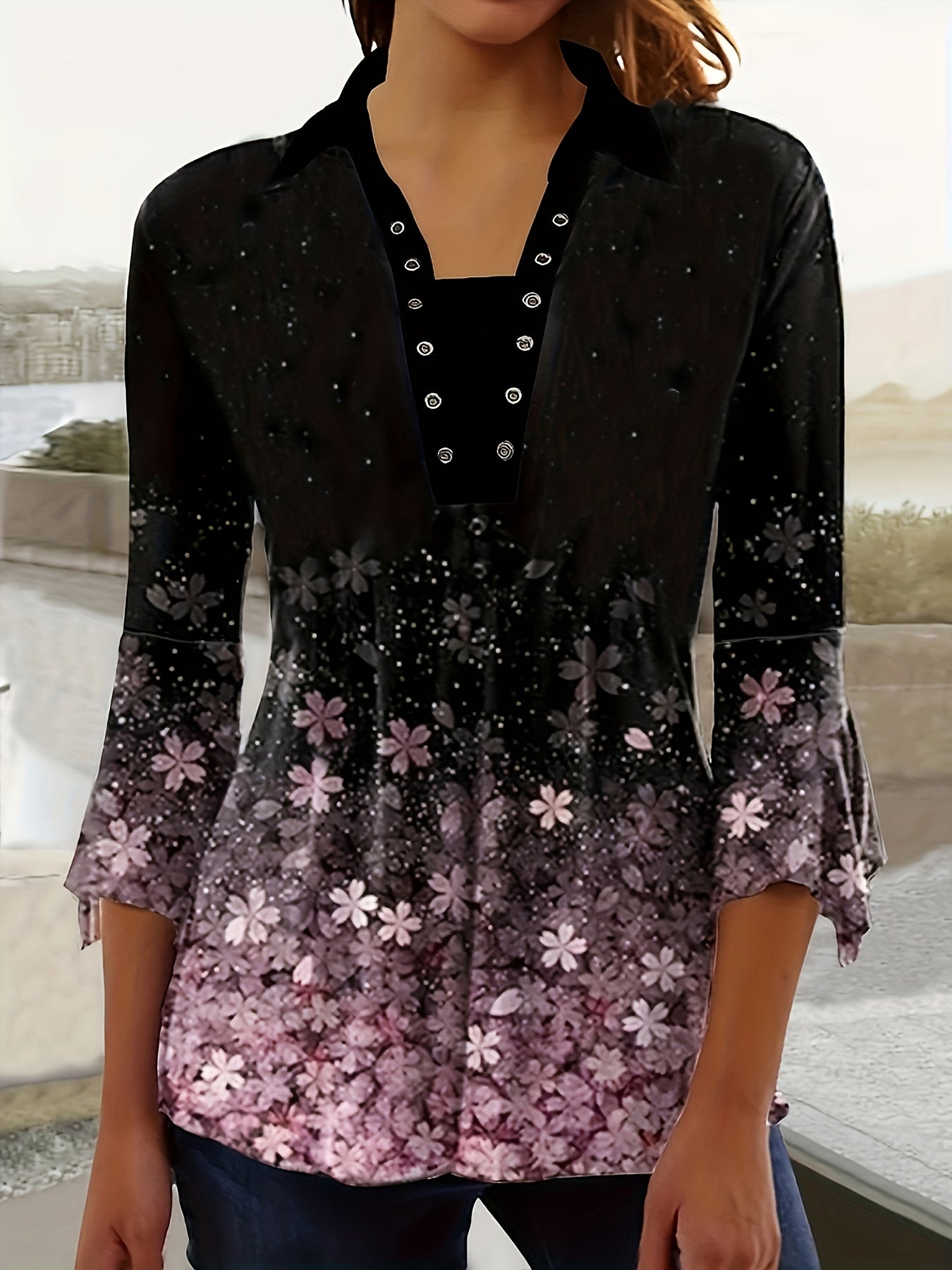 Women's Casual Floral Print Blouse with Asymmetrical Sleeves