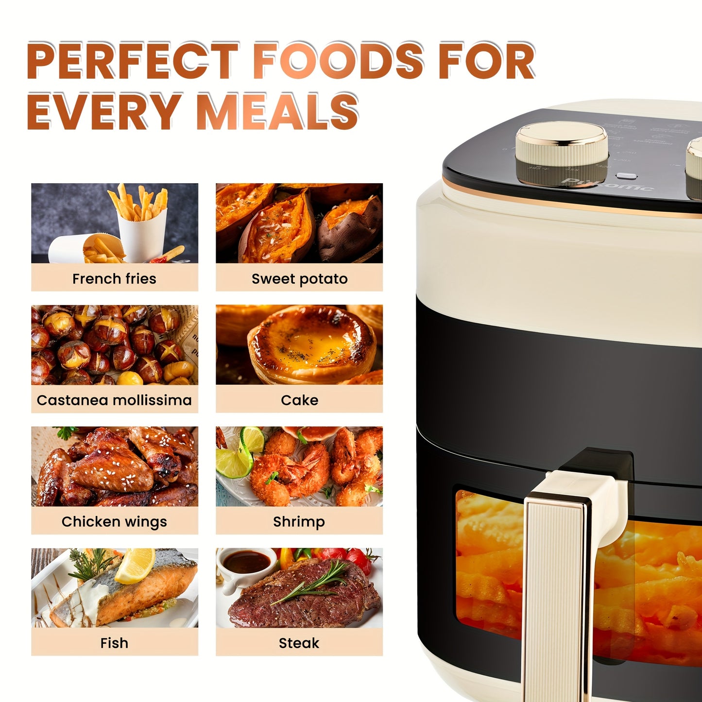 SUSTEAS 4QT Air Fryer 8-in-1 Adjustable Temp Beige