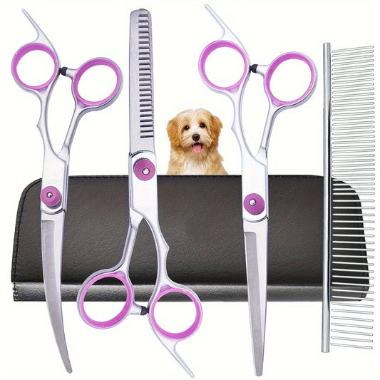 5 in 1 Professional Dog Grooming Scissors Set with Curved Shears and Comb Stainless Steel Right Handed Pet Haircut Kit for Dogs and Cats