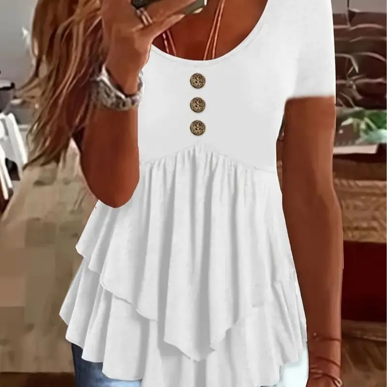 Women's Casual Short Sleeve Crew Neck T-Shirt Solid Color Button Front Flare Top Summer Blouse with Ruffles