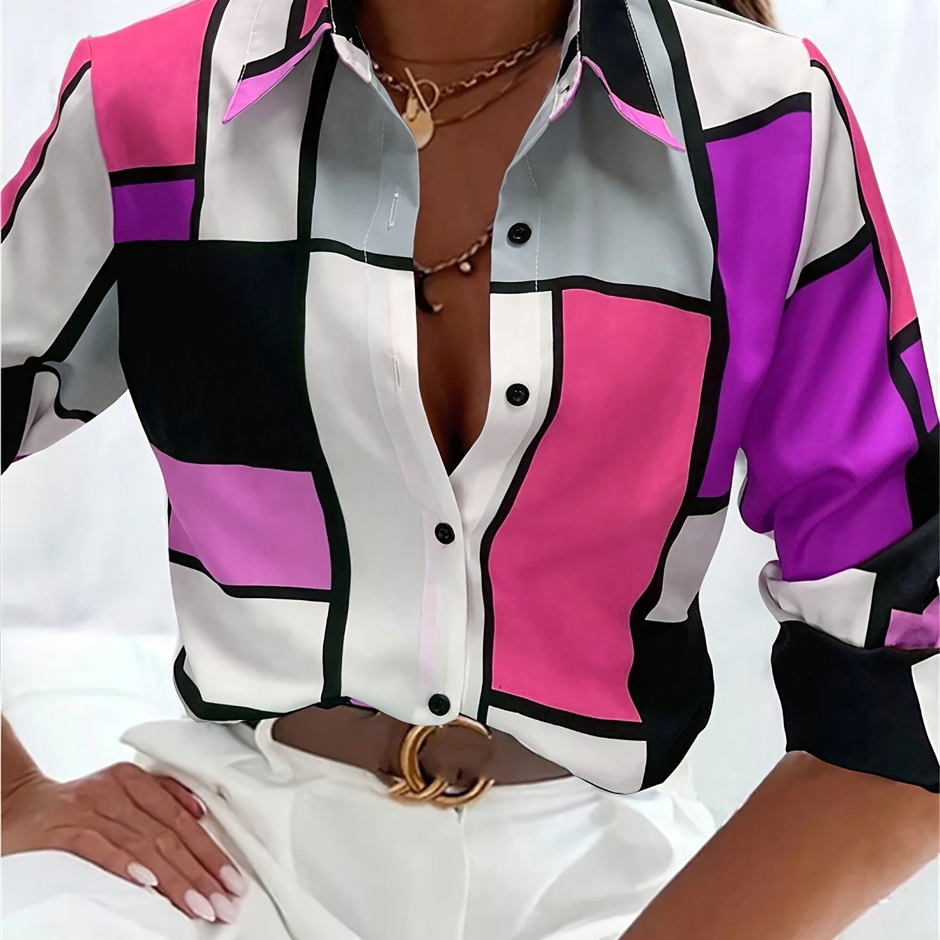 SCACTO Women's Plaid Button Long Sleeve Lapel Shirt Top