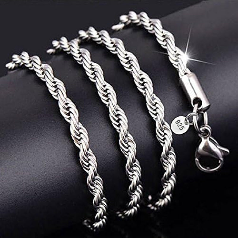 3Mm 925 Sterling Silver Rope Chain Necklace - Clasp Link Chain for Men and Women 30'' - Perfect for Wedding Party, Prom