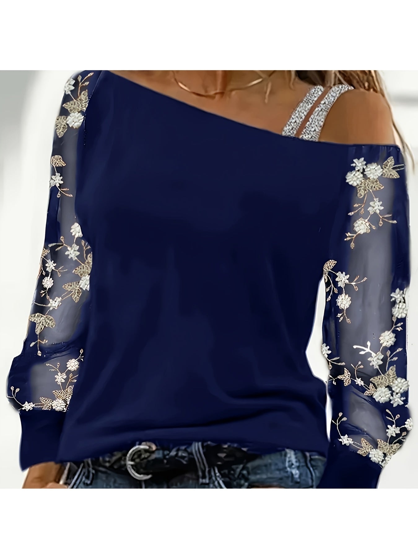Elegant Off-Shoulder Embroidered Long Sleeve T-Shirt for Women